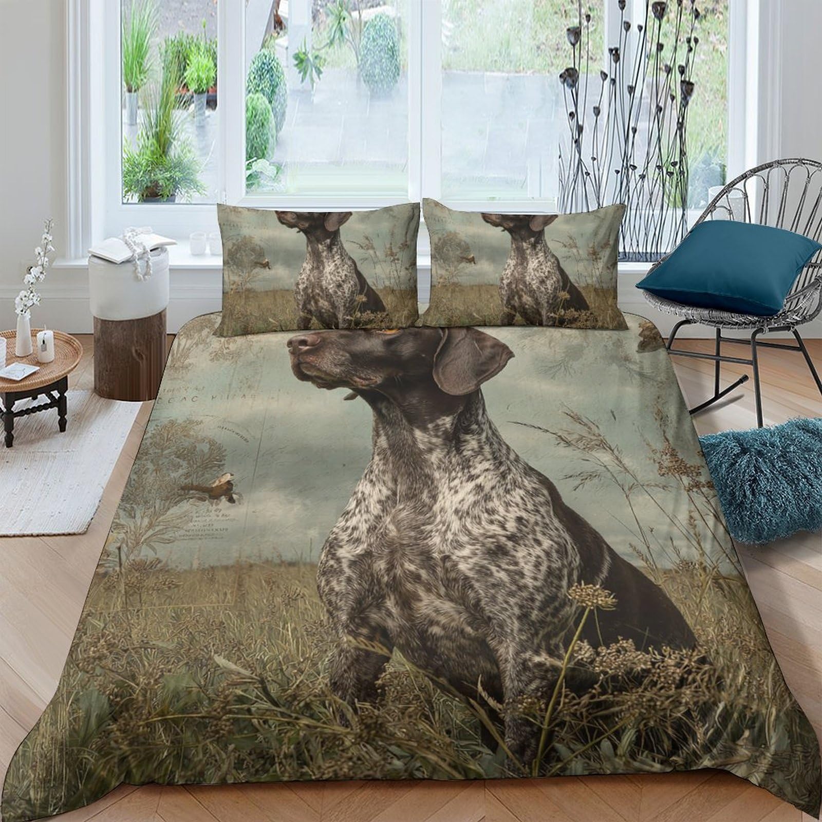 TUFRTGYHN 3D Printed Hunting Dog Duvet Cover Set Microfiber Soft Breathable Wild Meadow Quilt Cover with 2 Pillowcases for Bedroom Decor Single（135x200cm）