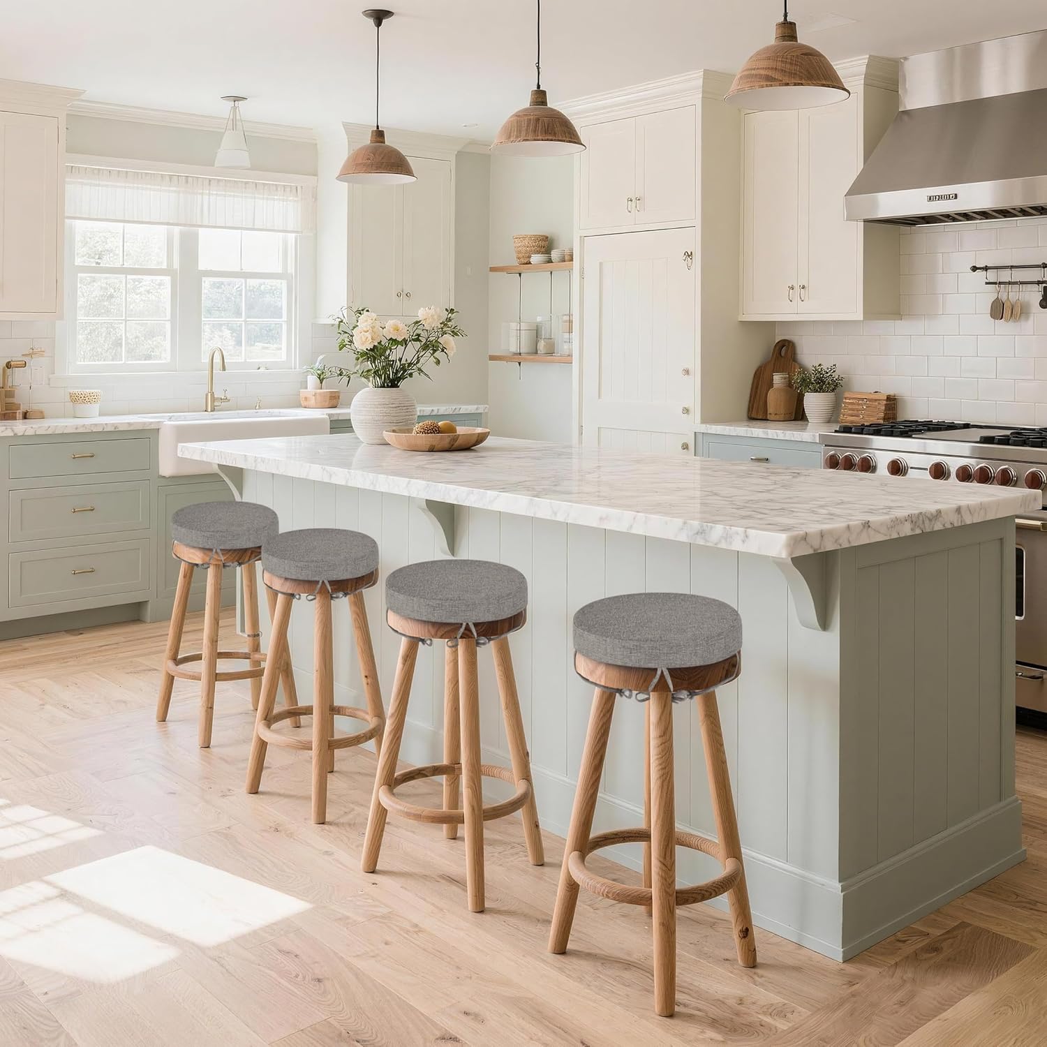 Round Bar Stool Cushions Set of 4 Non-Slip Round Stool Chair Cushions with Washable Covers and Ties High Density Bistro Seat Pads for Wooden and Metal Chairs 12" x 12" x 2" (Light Grey)