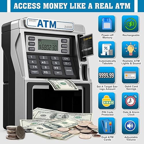Miniatura 2 de Alcancía de cajero automático para niños, recargable, memoria de apagado para dinero real, segura con tarjeta de débito, reconocimiento de monedas,