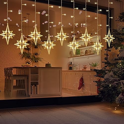 Miniatura 3 de VIHOSE Guirnalda de luces de cortina de estrellas de Navidad, 138 LED, 16 luces Polaris para ventana, enchufables con 8 modos de luces colgantes