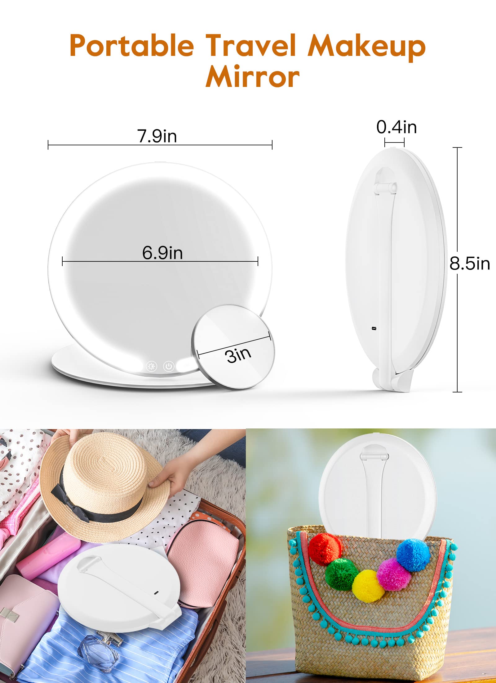 Makeup Mirror with Lights, 8" Foldable Lighted Makeup Mirror for Travel, 46 LED Dimmable Vanity Mirror with 10X Magnification Pocket Mirror, Portable Rechargeable Make Up Mirror, 3 Light Colors