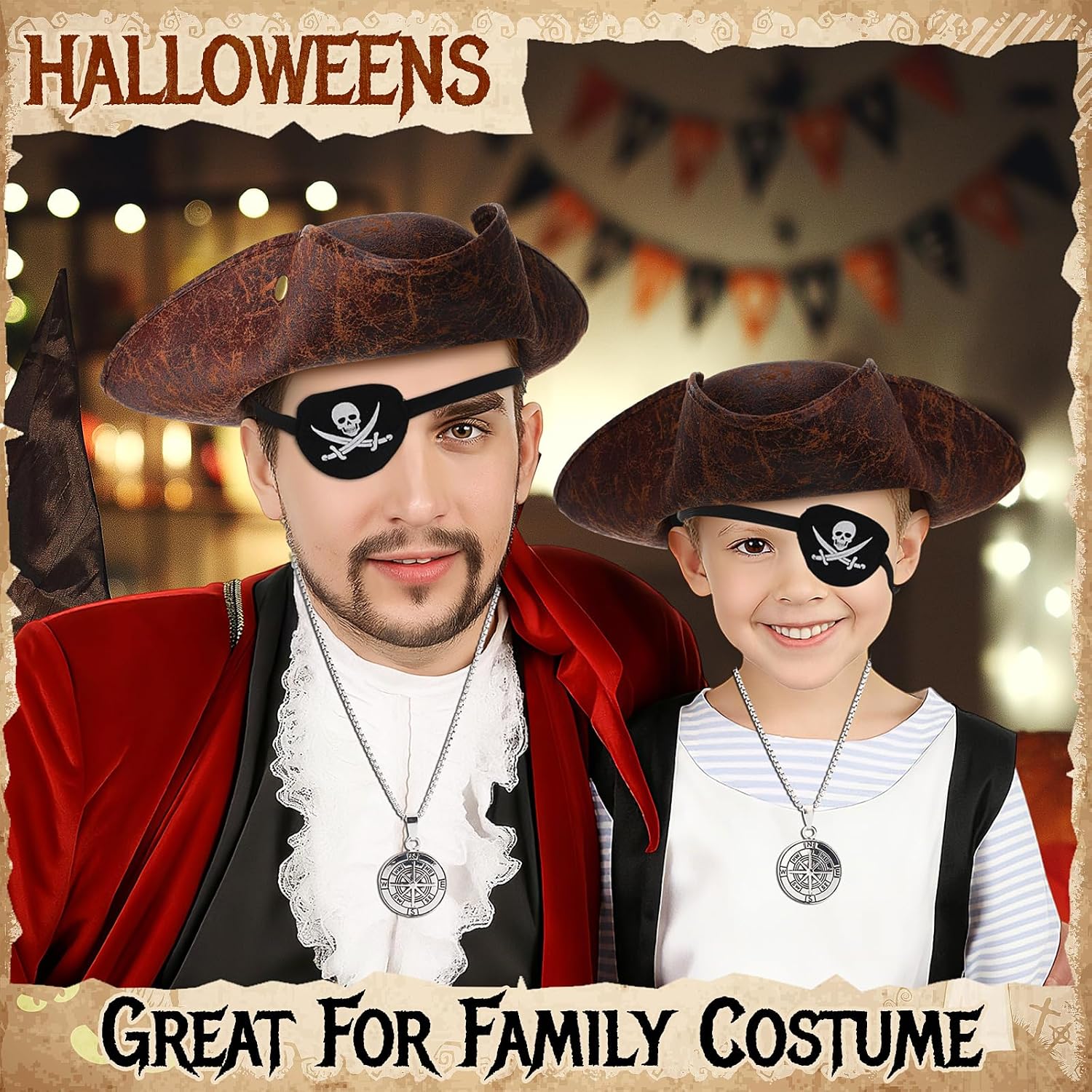 Chicingyou Pirate Hat Pirate Costume Accessories Leather Tricorn Hat Necklace Eye Patch Mardi Gras Party Men Women Distressed