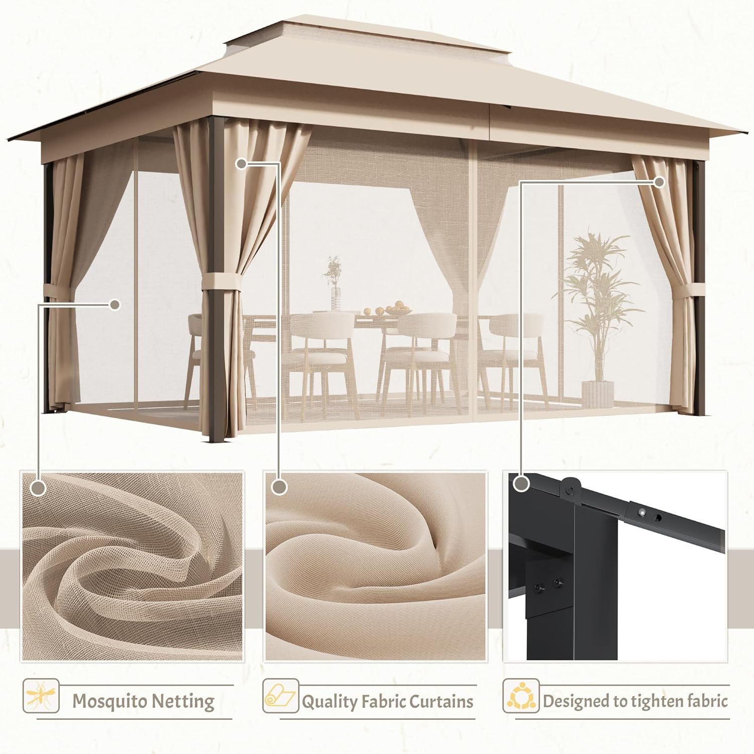 Zbliżenie na moskitierę, wysokiej jakości zasłony materiałowe i ściągacze materiałowe