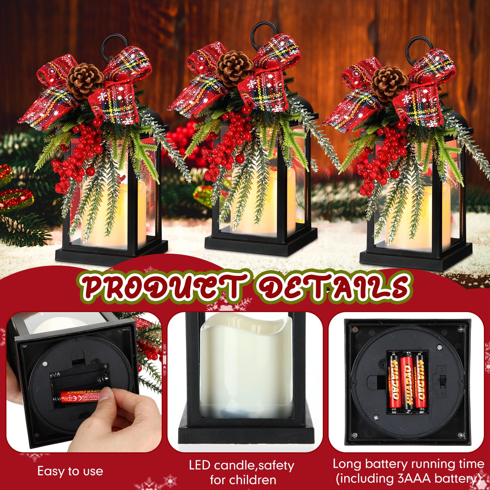 2 lanterne decorative natalizie da 25,4 cm, con LED tremolante, senza fiamma, motivo scozzese, fiocco, bacche, decorazioni da appendere per veranda, tavolo, centrotavola, decorazioni per feste
