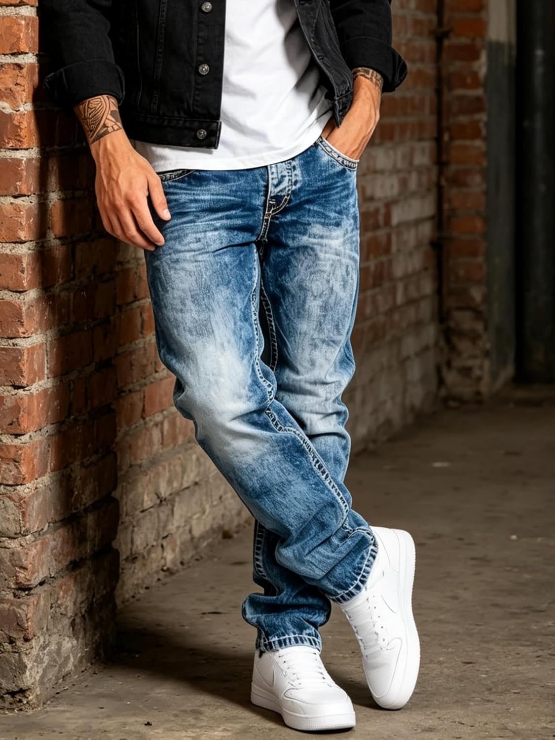 Men's Acid Wash Straight Leg Stacked Jeans, Snowflake Tie Dye Stretch Denim, Y2K Hip Hop Streetwear Baggy Pants