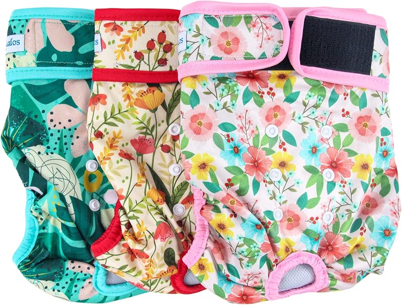 Leekalos Reusable Washable Dog Diapers Female (3 Pack) - Highly Absorbent Doggie Diapers - Size Adjustable Puppy Diapers for Dog Period Panties (Medium, Flora)