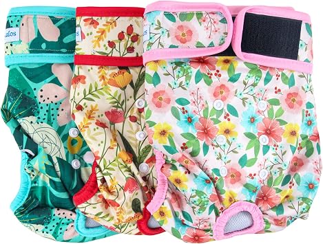 Leekalos Reusable Washable Dog Diapers Female 3 Pack - Highly Absorbent Doggie Diapers - Size Adjustable Puppy Diapers for Dog Period Panties Medium, Flora