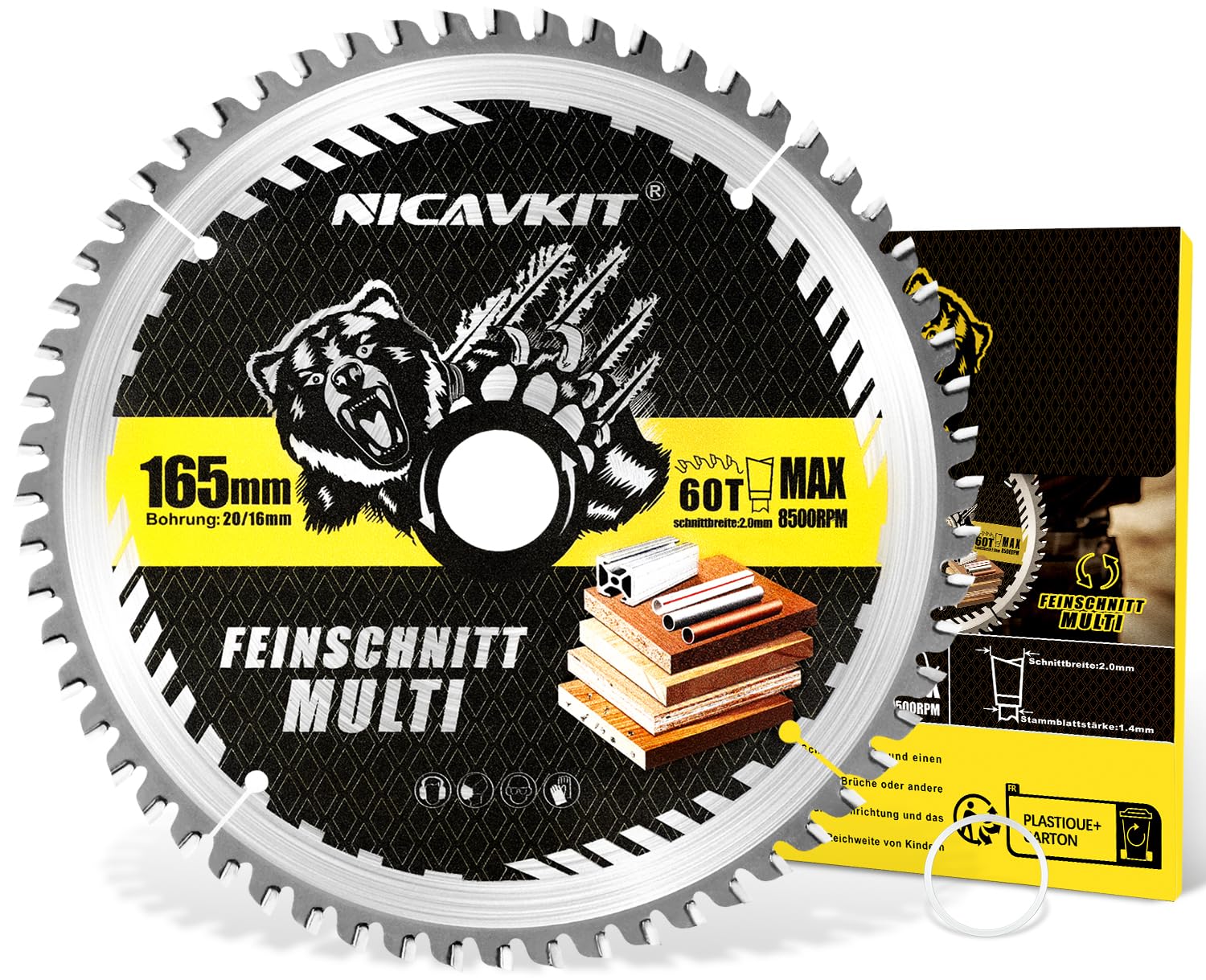 Lame scie circulaire Ø 165 x 20 mm pour bois, métal et aluminium, etc. Avec bague de réduction de 16 mm – Lame de scie multi-matériaux 160 x 20 mm Compatible avec Bosch, Makita & Dewalt