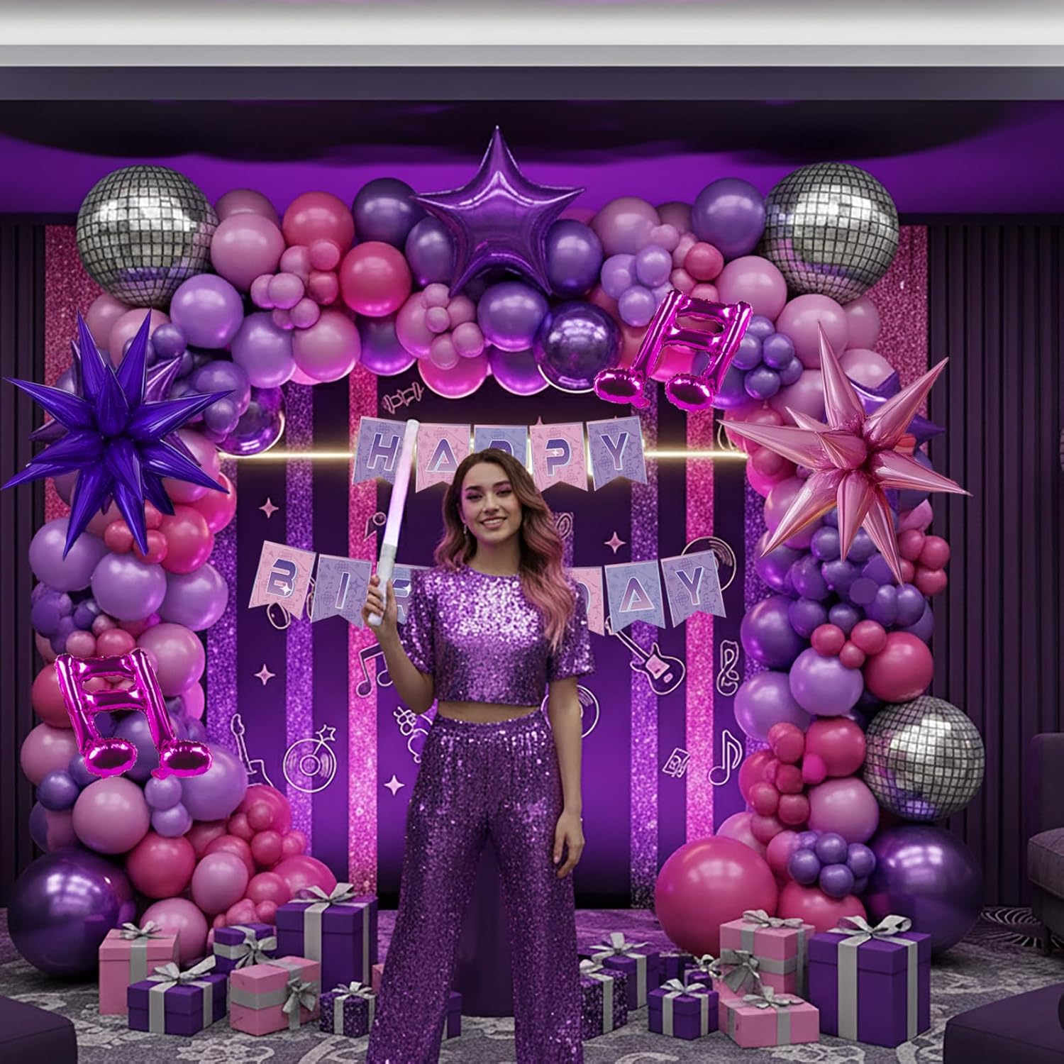 K-Pop Music themed Birthday Decorations with Hot Pink Metallic Purple Balloon Garland Arch Kit & Disco Notes Star foil Balloons & Banner for Girls fans Birthday Party grad Prom Decorations