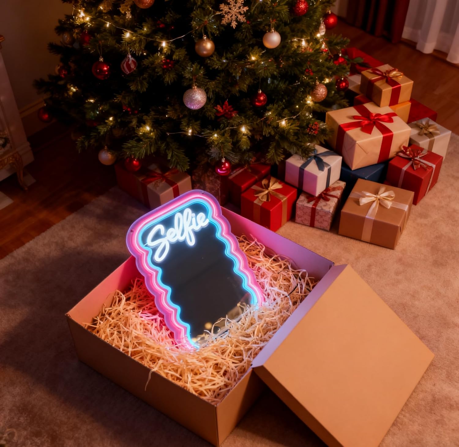 Mirror Neon Sign, USB Powered Dimmable Decorative Neon Light for Girls Bedroom Vanity Living Room Beauty Space Home Wall Table Decor Mirror Neon Light