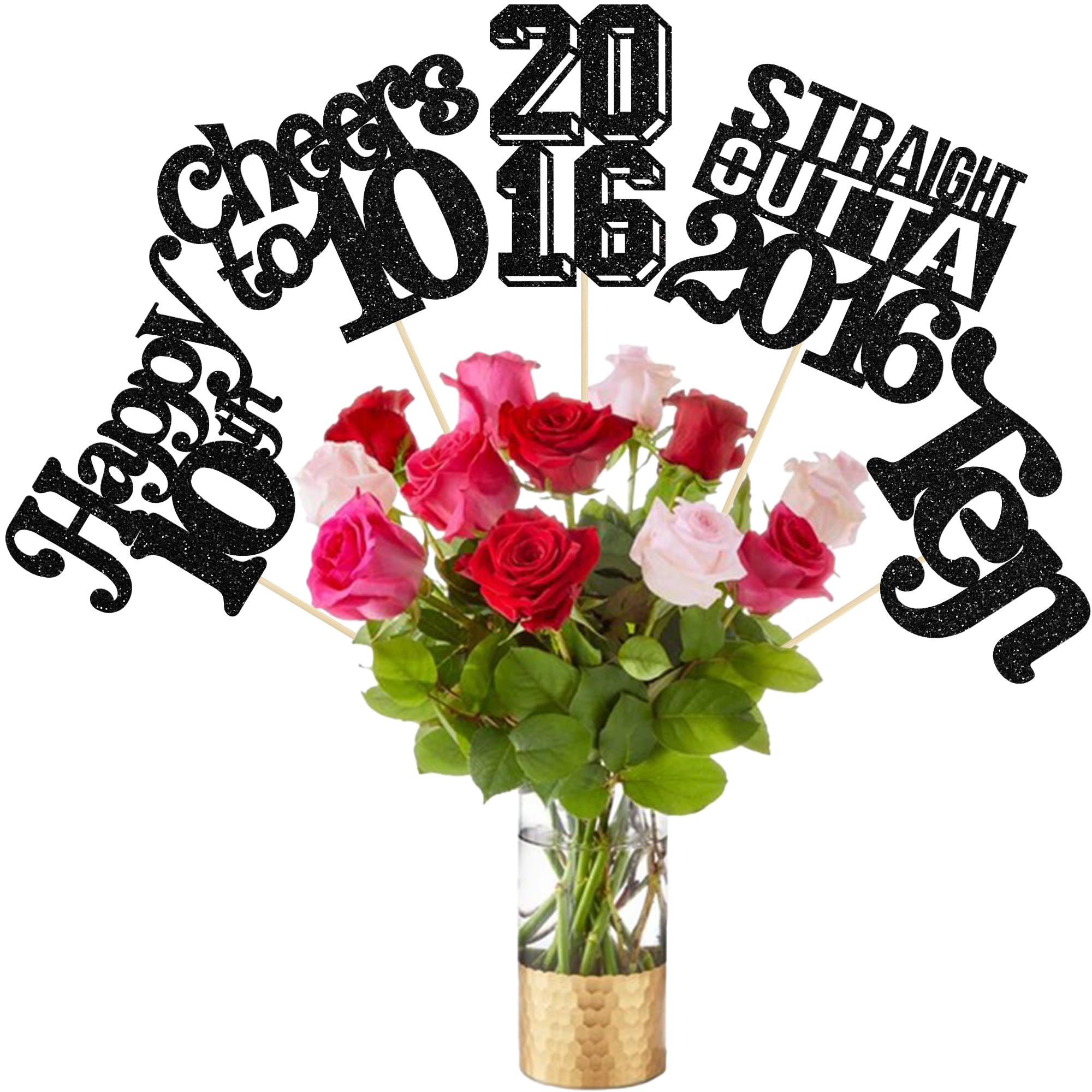 Gyufise 15Pcs Happy 10th Birthday Centerpiece Sticks Ten Straight Outta 2016 Table Flower Centerpieces Sticks Cheers to 10 Decorations for 10th Birthday Party Supplies Black