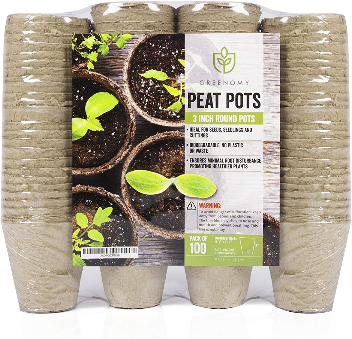 Greenomy 3" Peat Pots Pack of 100|Seed Starter Pots|Seedling Pots for Seedlings, Flowers and Vegetables|Eco-Friendly and 100% Biodegradable