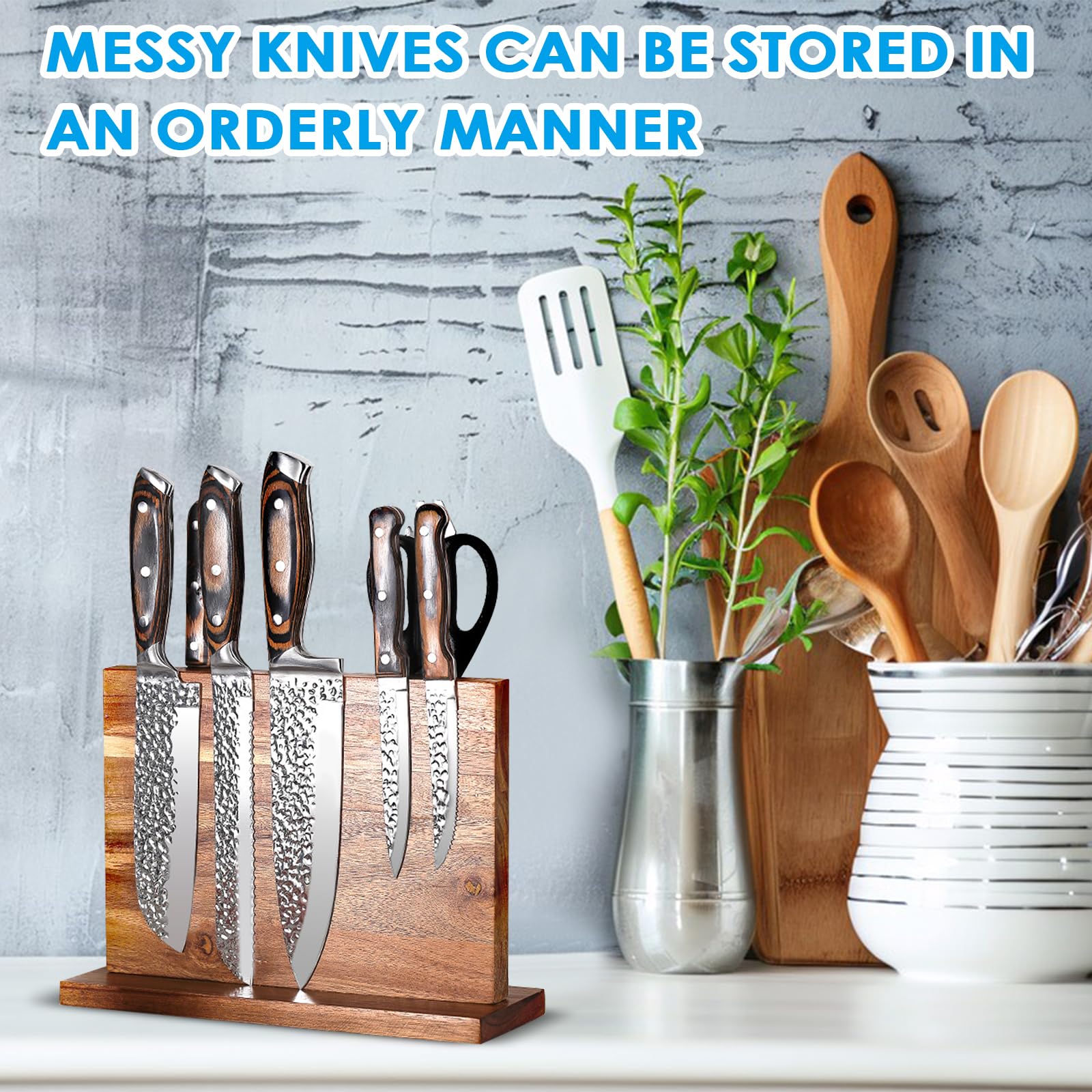 Porte Couteaux Aimanté, Porte Couteaux Cuisine, Bloc Couteaux Magnétique Bois d'Acacia, Aimanté Double Face Porte, Range Couteau de Cuisine avec Aimant Puissant, Antidérapant et Encombrant