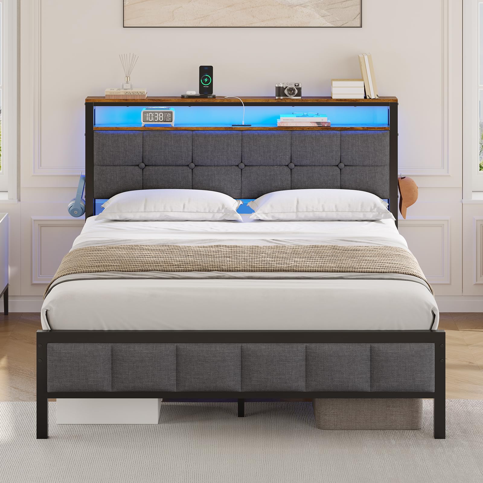 AOGLLATI Polsterbett 140x200 mit Ladestation Bett 140X200 mit LED-Beleuchtung,Bettgestell mit Lattenrost Metallbett Jugendbett mit Kopfteil aus Leinenstoff (140×200cm)