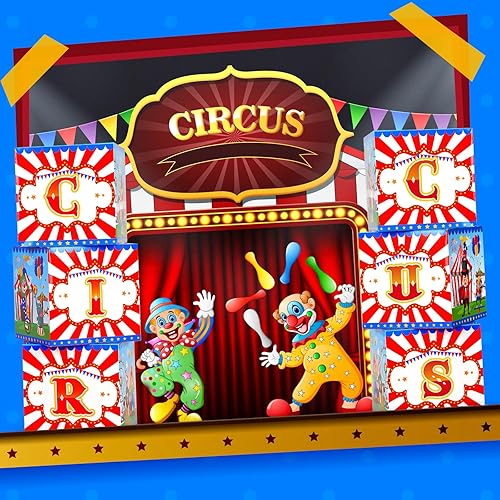 Miniatura 5 de Decoraciones de fiesta temática de circo de carnaval, 6 unidades, cajas grandes de recuerdos de fiesta de circo, bloques de circo, suministros de