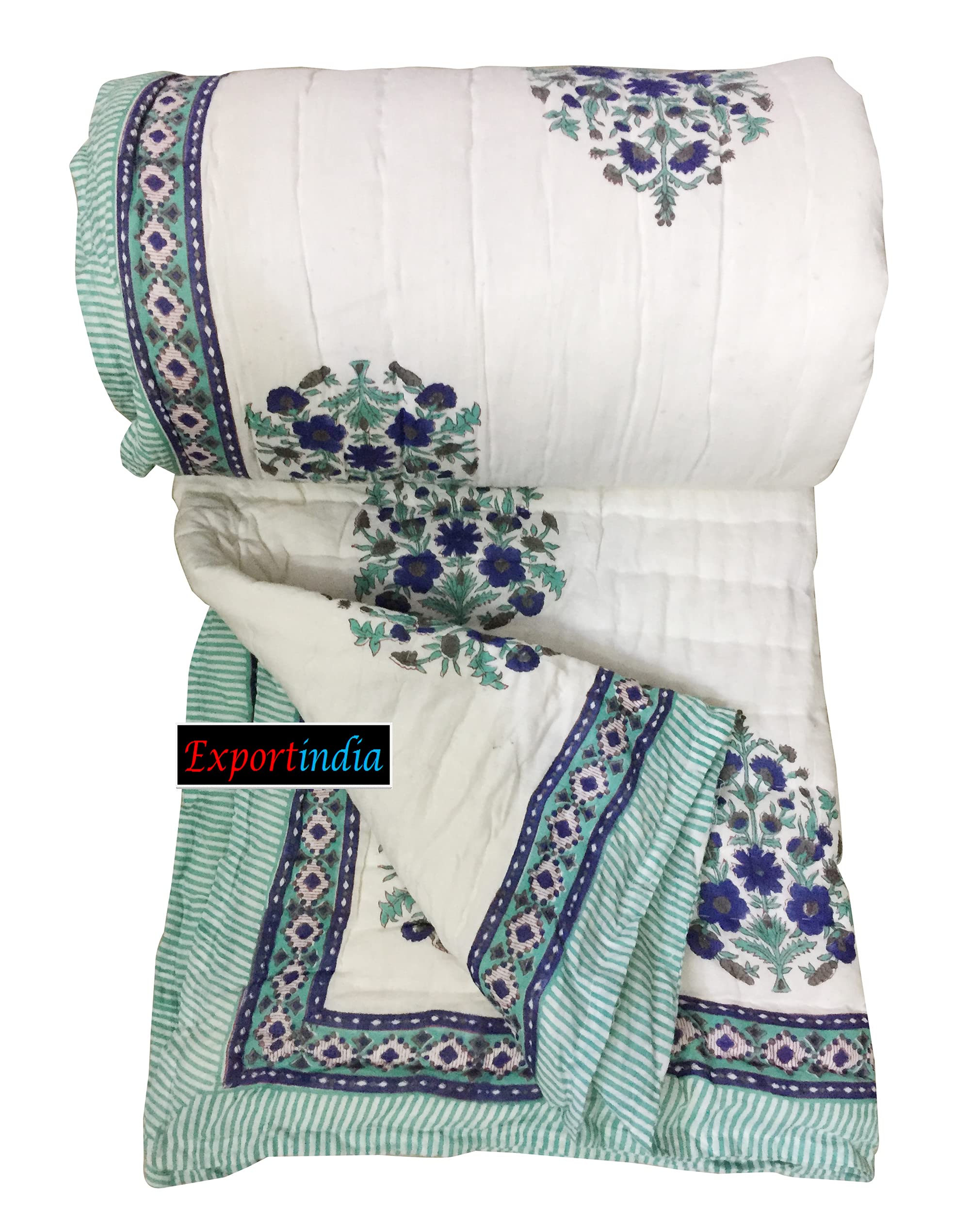 Exportindia Hand Block Printed Quilt Cotton Jaipuri Razai Indian Sanganeri Printed Rajai Handmade Kantha Coverlet Quilt (California King US Size 108x108 Inch)