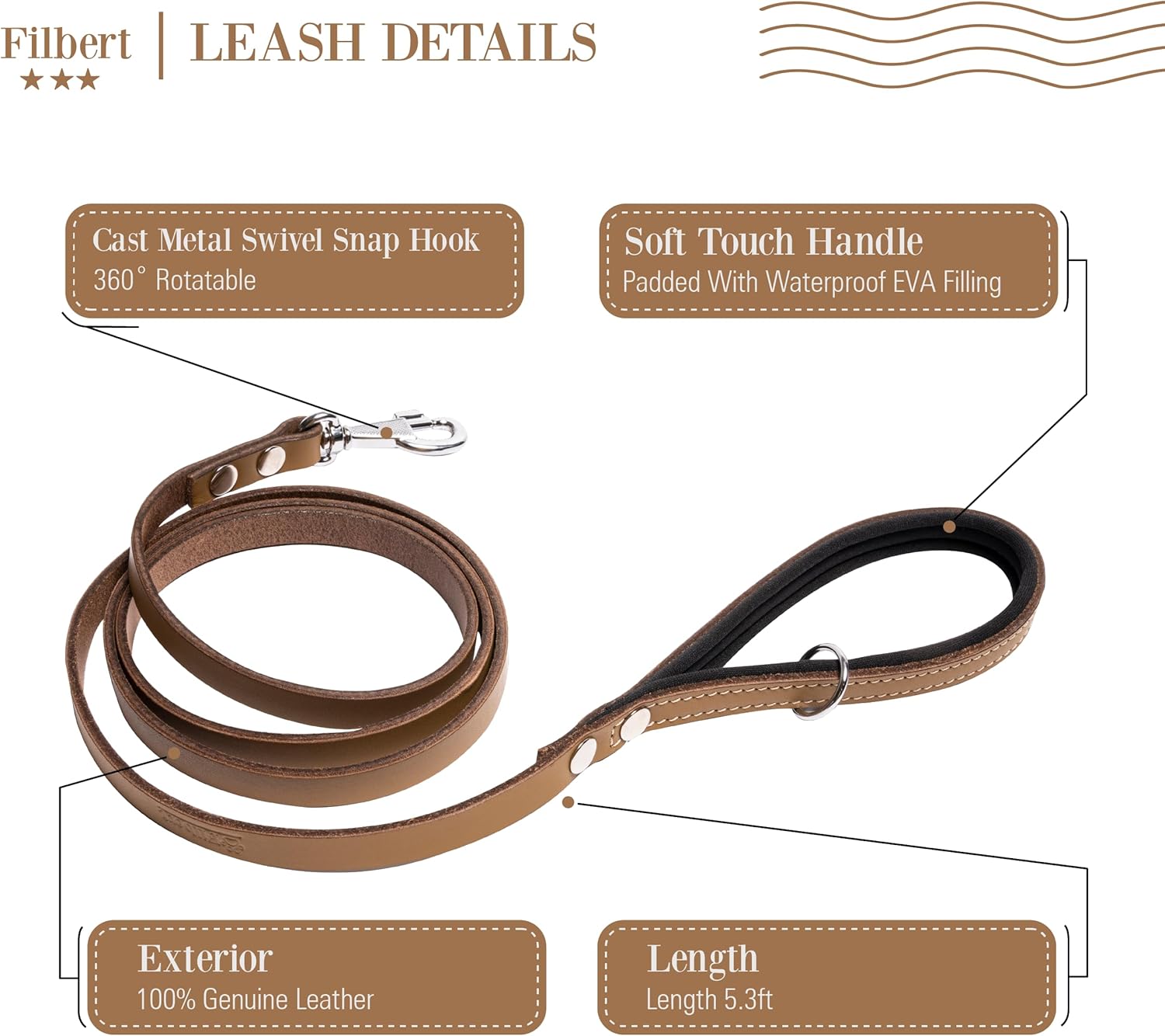 Filbert Genuine Leather Dog Leash, Strong Leather Leash for Small, Medium, Large Breed Dogs, 5.3ft, Soft and Comfortable, Durable, Heavy Duty, Camel