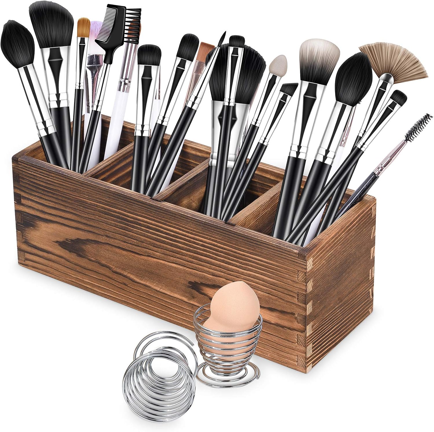 WuGeShop Wood Makeup Brush Organizer with 2 Pcs Sponge Rack, Farmhouse Makeup Holder Caddy, 4 Adjustable Slots Makeup Organizer Countertop