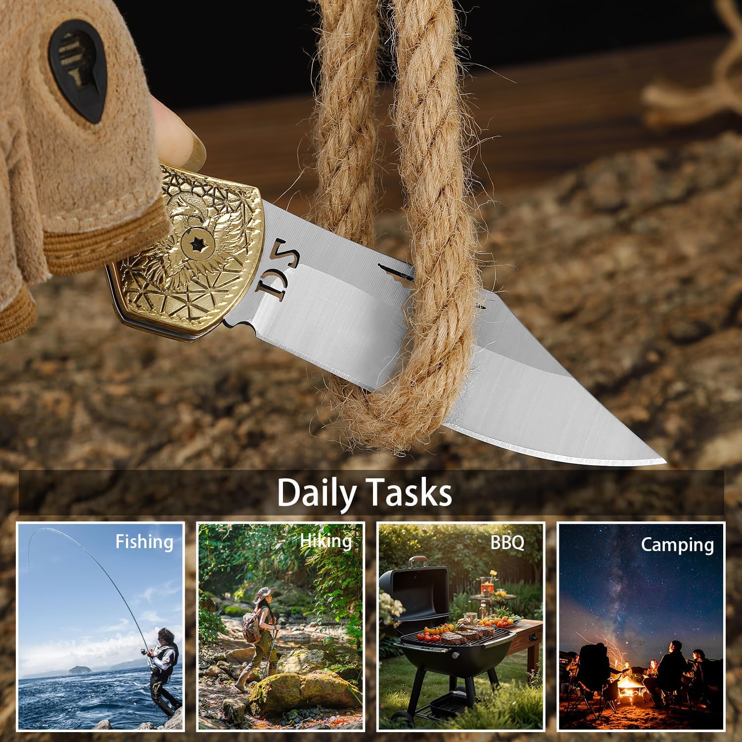 Folding Pocket Knife with Gold Engraved Guard Wooden Handle, 3 inch - D2 Steel Blade Folding knife for Hiking and Camping