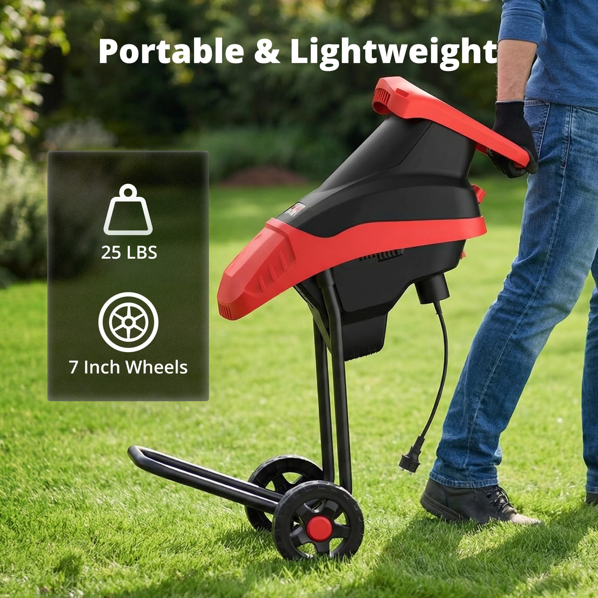 AMERISUN Trituradora eléctrica de madera de 15 A, 4200 rpm, trituradora de hojas con capacidad de rama de 4,4 cm, trituradora de residuos de jardín portátil con bolsa de recogida de 50 L para limpieza