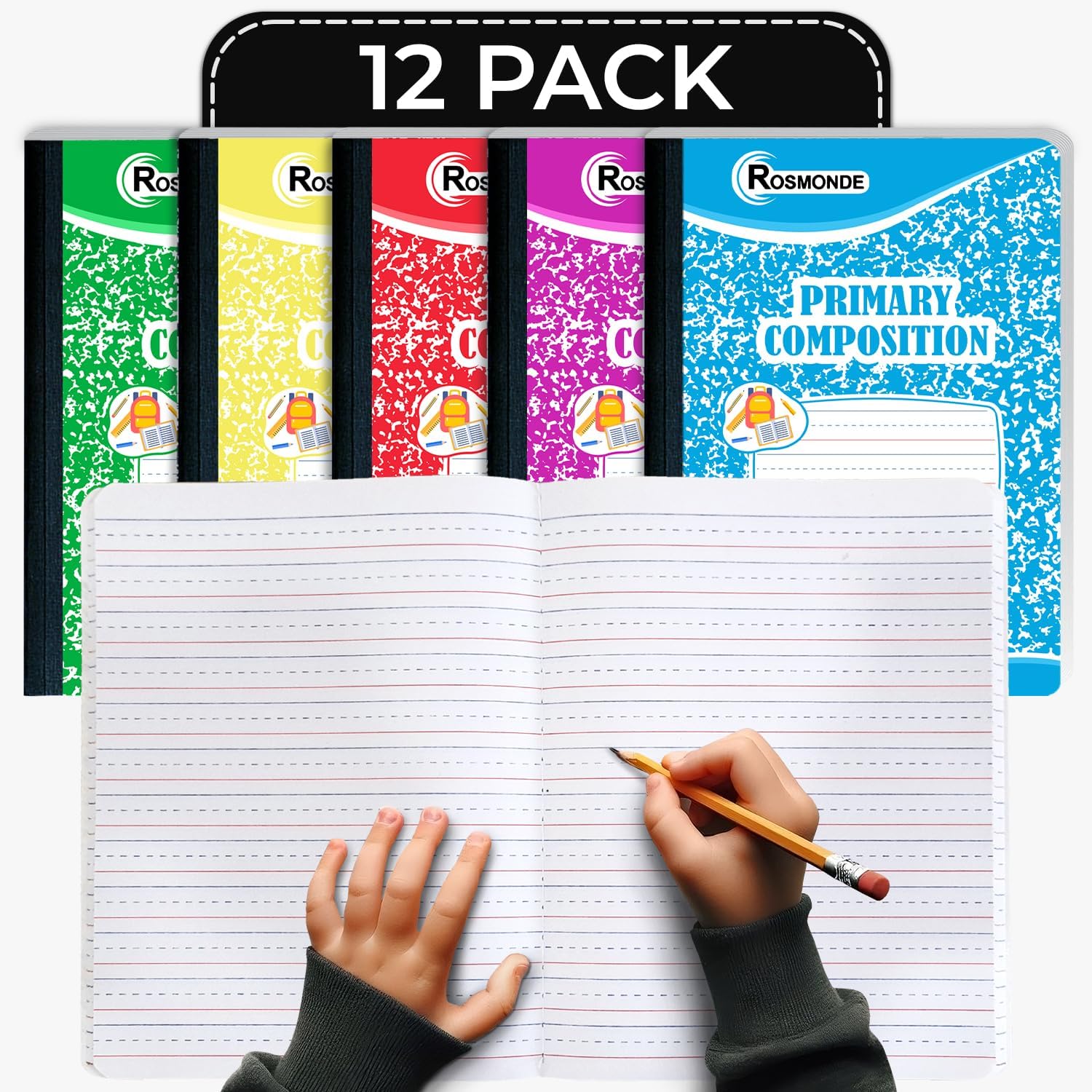 Rosmonde 12 Pack Primary Composition Notebooks, 200 Pages (100 Sheets), Primary Ruled Composition Notebook, 9-3/4" x 7-1/2", Grades K-2, Writing Dotted Lined, Assorted, Colors May Repeat