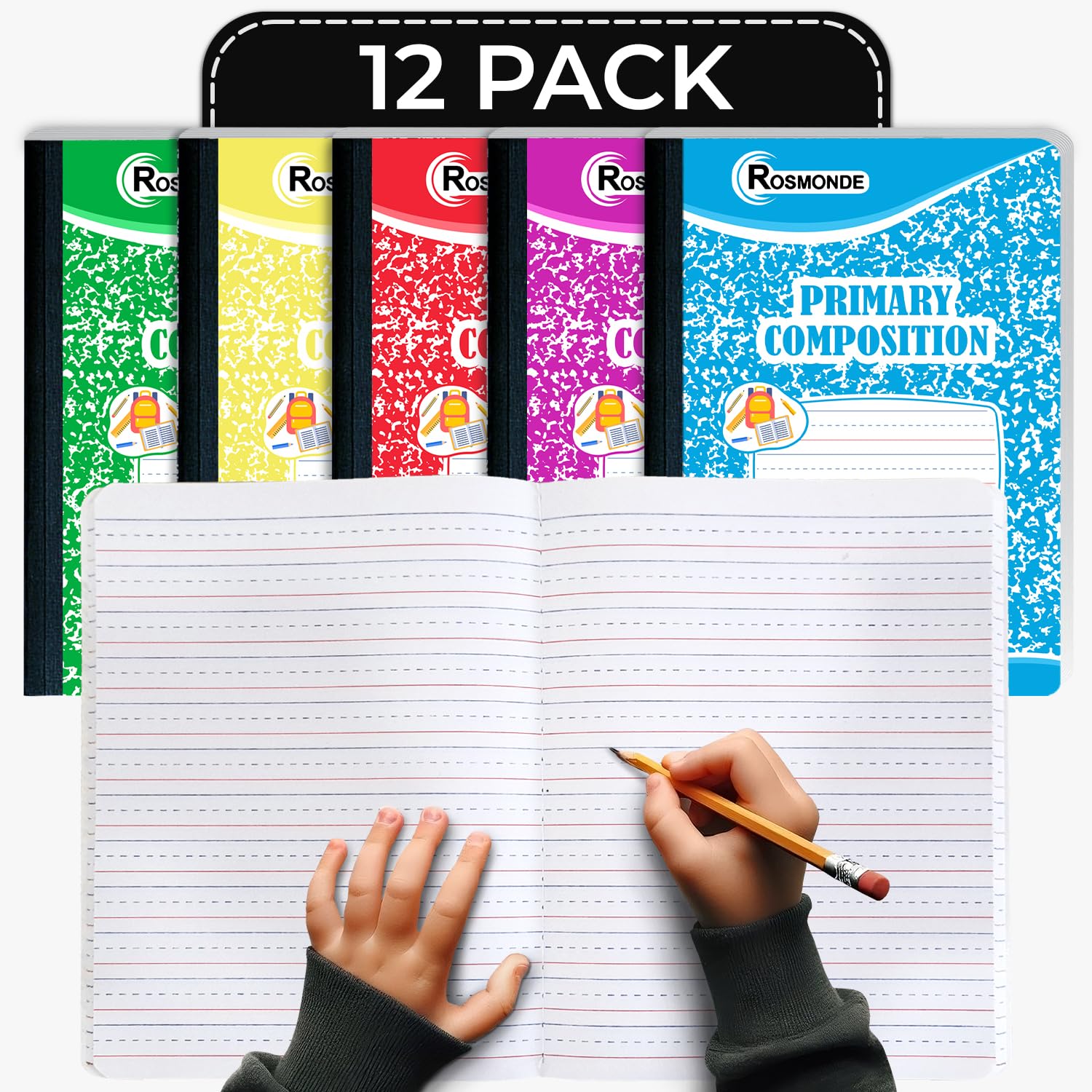 Rosmonde 12 Pack Primary Composition Notebooks, 200 Pages (100 Sheets), Primary Ruled Composition Notebook, 9-3/4" x 7-1/2", Grades K-2, Writing