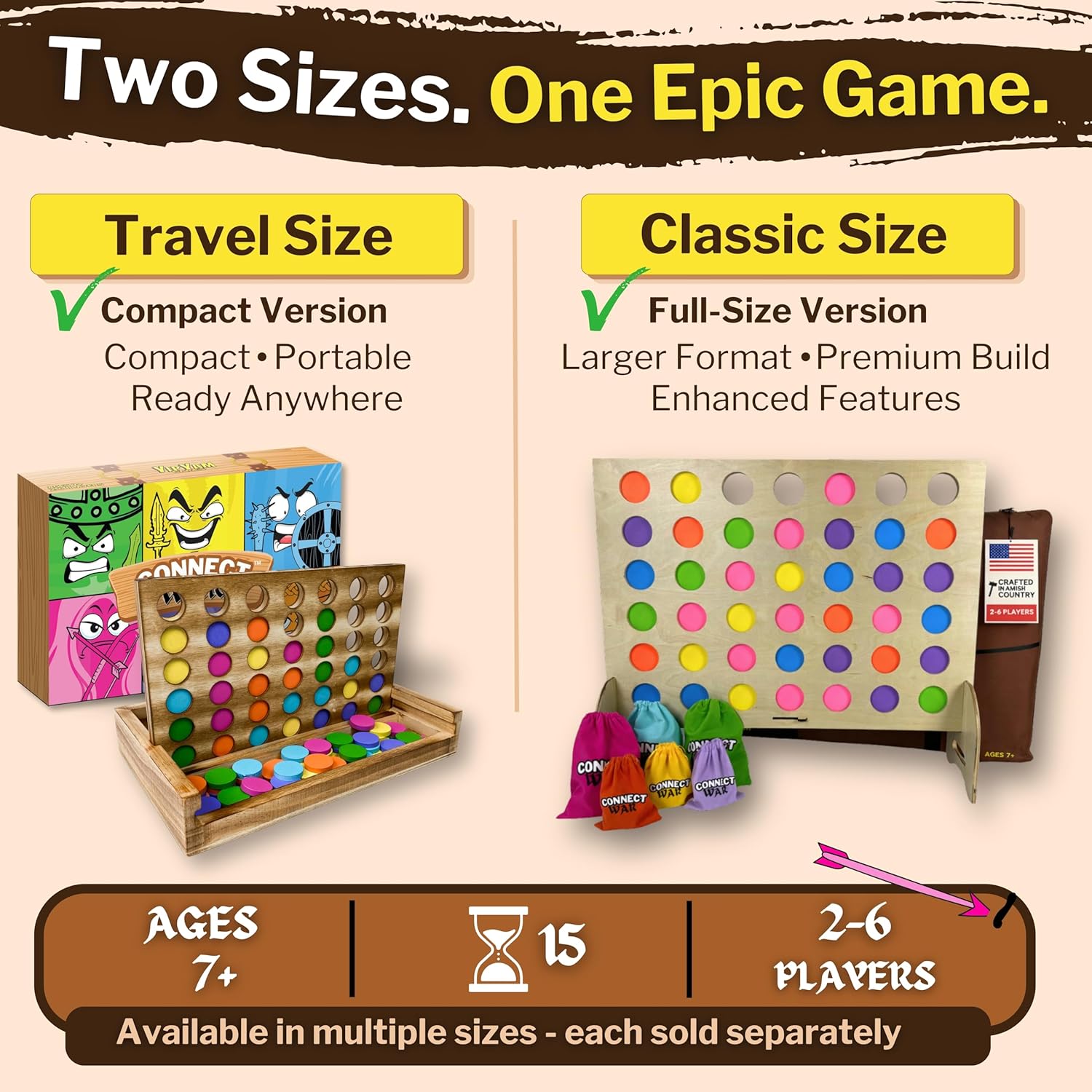 Connect War - 4 in a Row Table Top Game for 2-6 Players, Handcrafted Wooden Games for Family and Group Play, Four in a Row Wood Game
