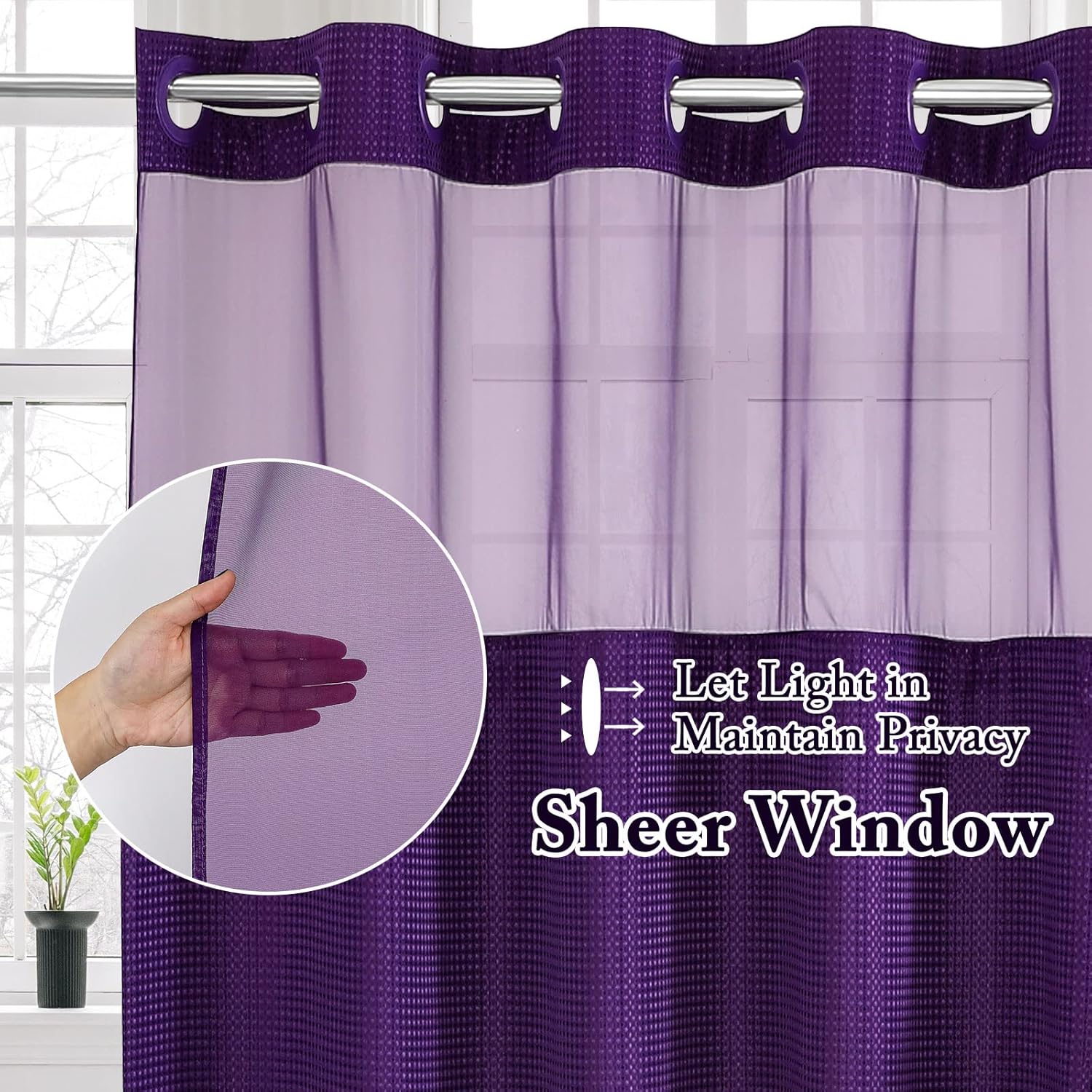 Gibelle Long Shower Curtain 72x80, Waffle Weave Bathroom Shower Curtain with Snap-in Fabric Liner Set, No Hooks Needed, Hotel Style with Mesh Top Window, Purple
