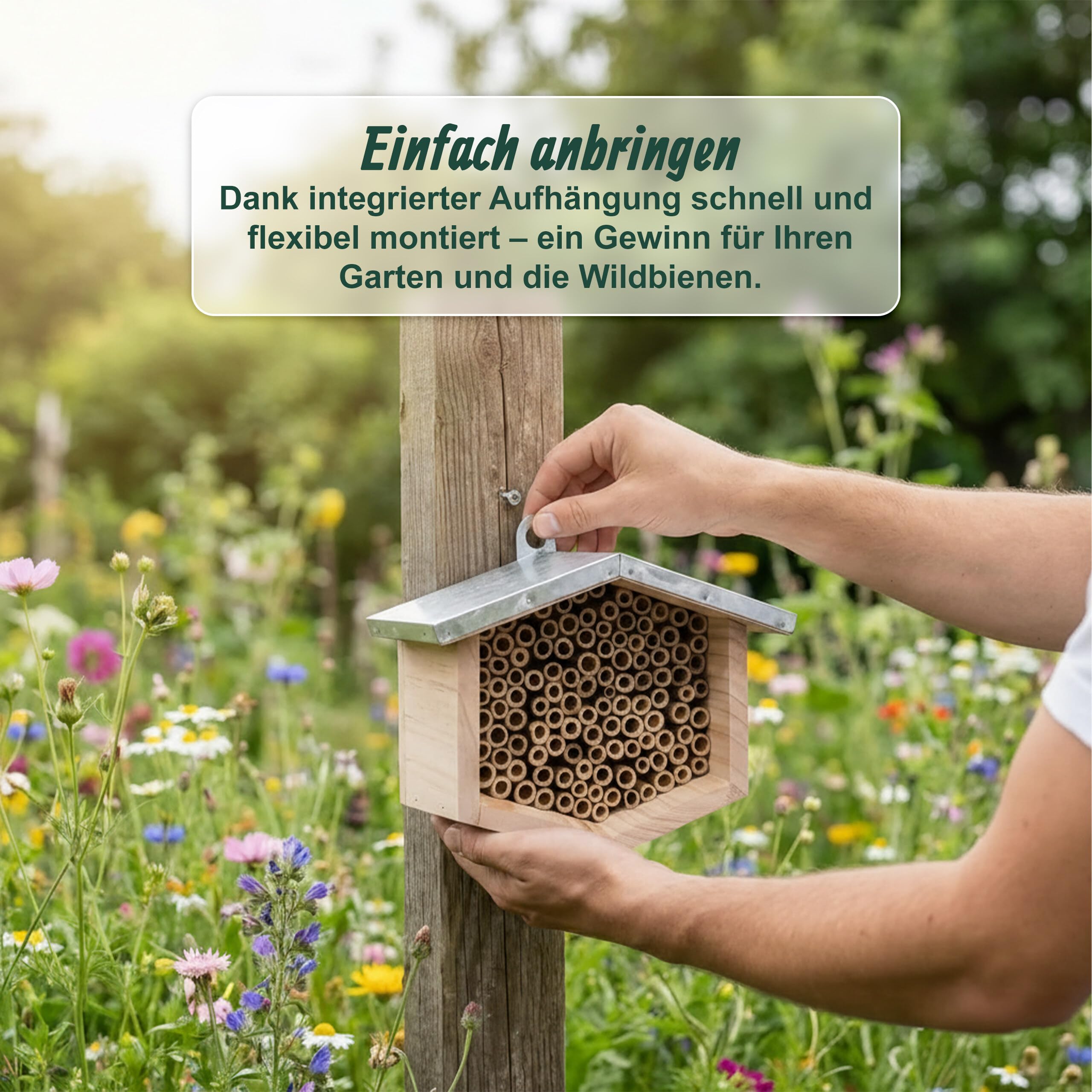 Relaxdays Bienenhotel, Holz, wetterfestes Metalldach, Bambusröhrchen, Garten, Insektenhotel zum Aufhängen, Natur/Silber