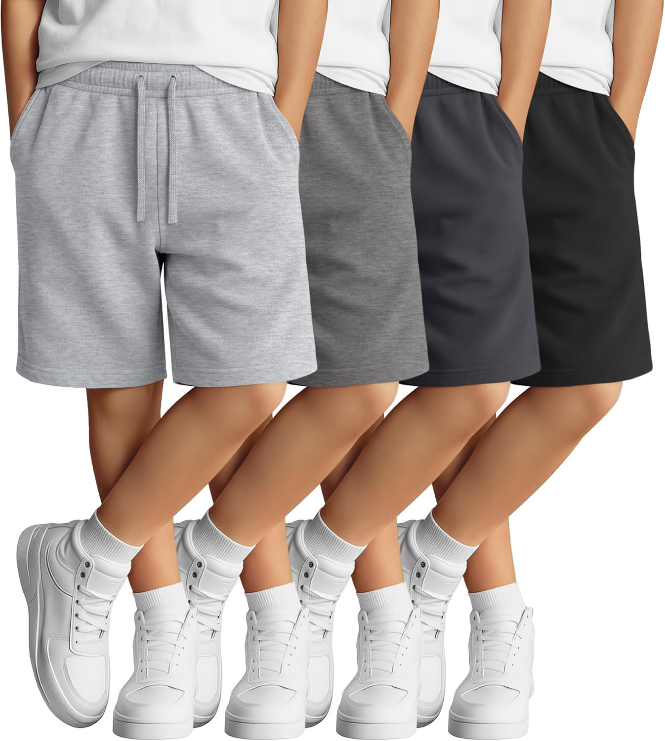4 Pack Boys Shorts Kids Athletic Sweat Shorts Casual Youth Drawstring Summer Soft Clothes with Pockets 7-16 Years