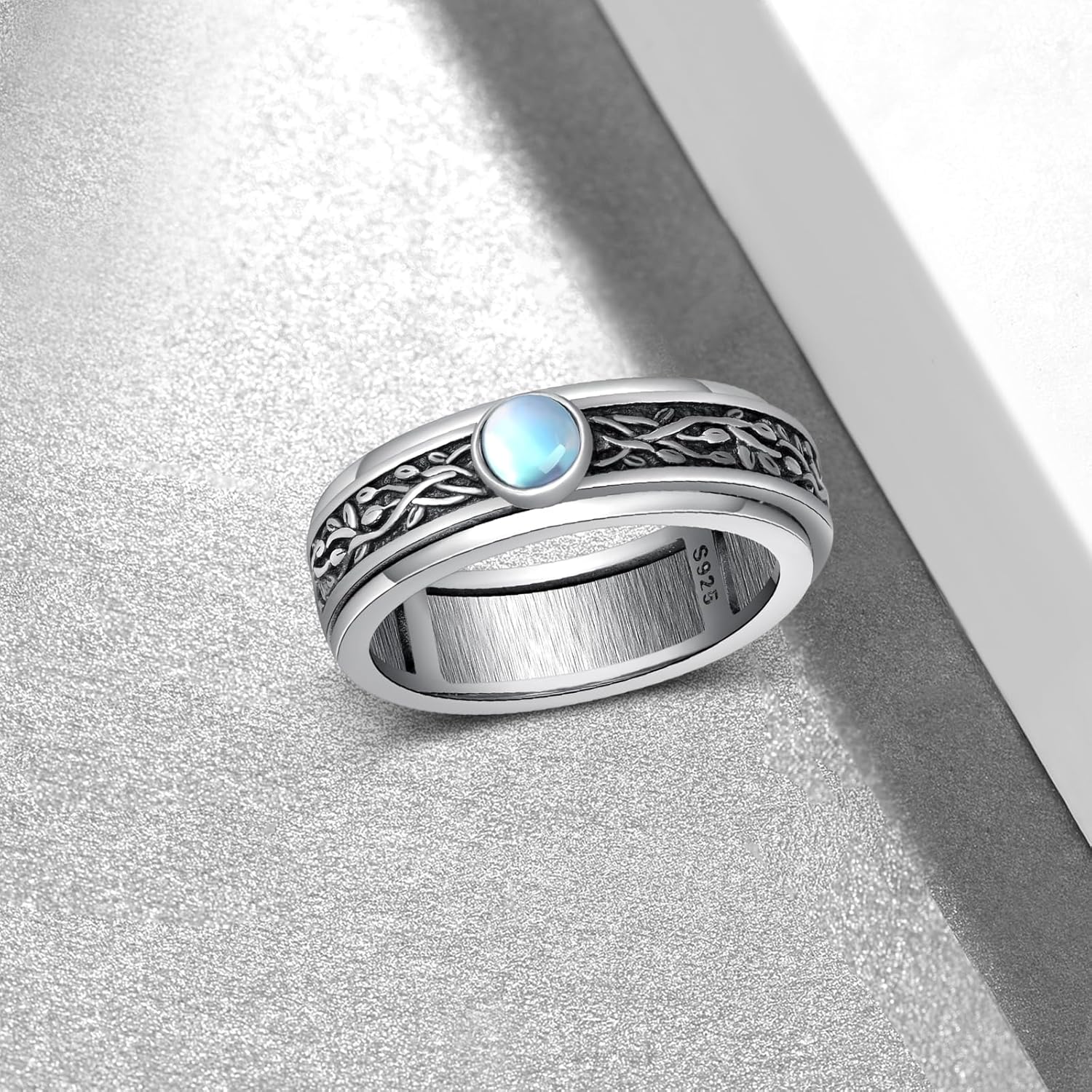 Fidget Ring 925 Sterling Silver Spinner Rings Filigree Tree of Life Anxiety Rings for Women Moonstone Fidget Jewelry Gifts - Image 3