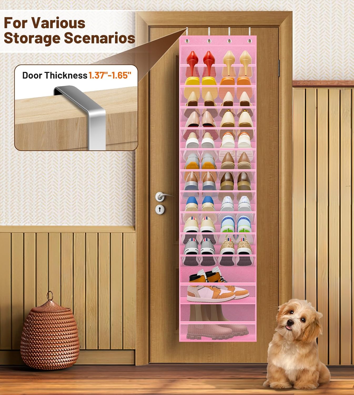 MISSLO 12 Tier Over the Door Shoe Organizer Breathable Mesh Hanging Shoe Rack for Closet Storage Shoe Holder for Door Fit 24 Pairs Sandals, Heels, Boots (Pink)