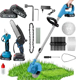Kit de Serra Elétrica para Jardim 3 en 1, Motoserra 21V com Lâmina Serra 6''e 8", Roçadeira com Lâminas e Acessórios e Tesoura Elétrica de Poda, para Jardim Poda de Árvores