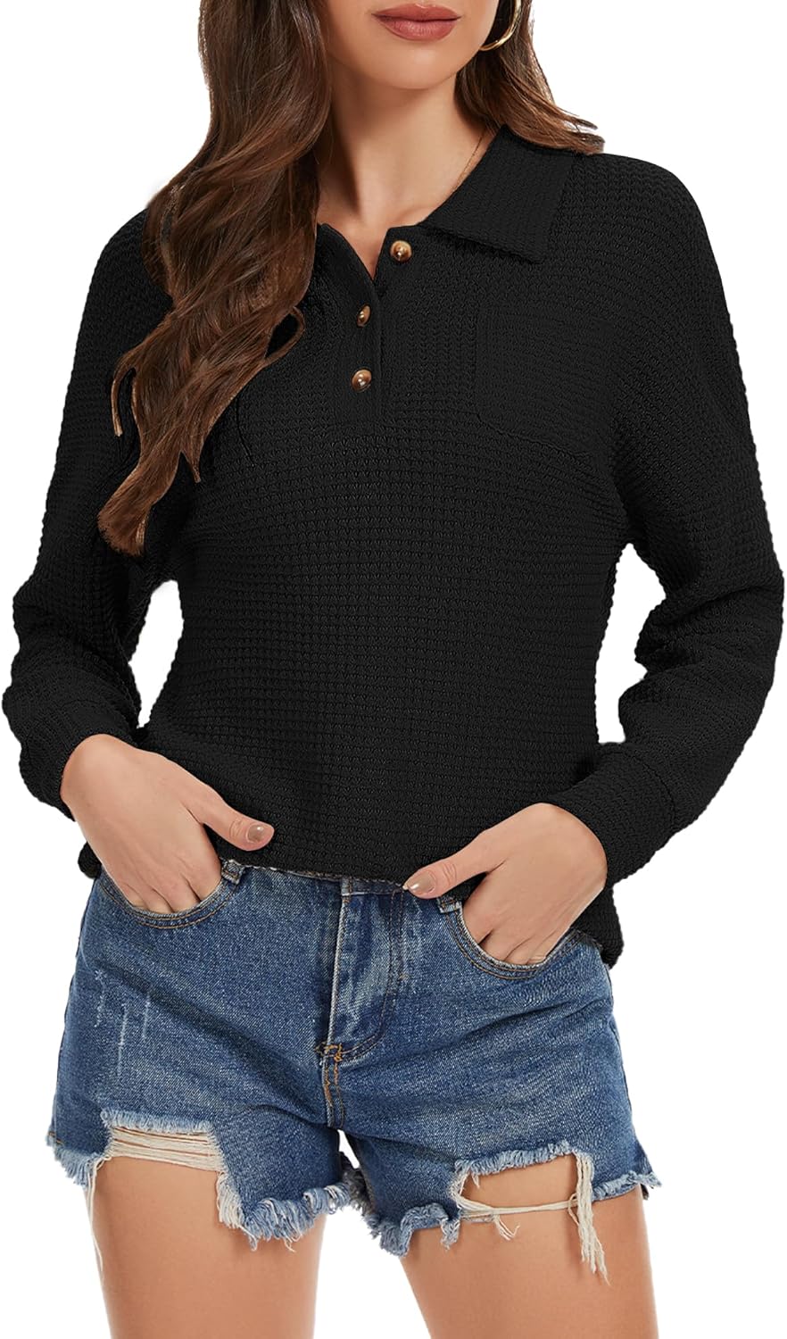 Womens Tops Waffle Knit V-Neck Long Sleeve T-shirts Button Down with Pockets Tunic Fashion Clothing - Image 5