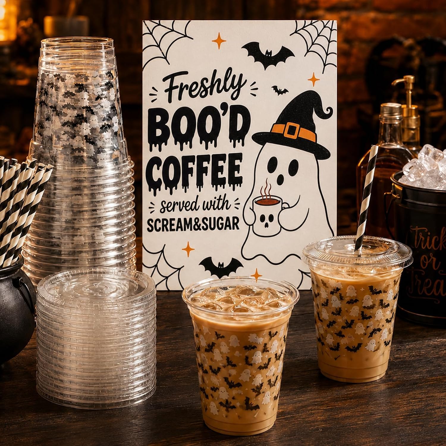 51Set Halloween Ghost Bat Coffee Cups with Lids Straws BOO Bar Sign
