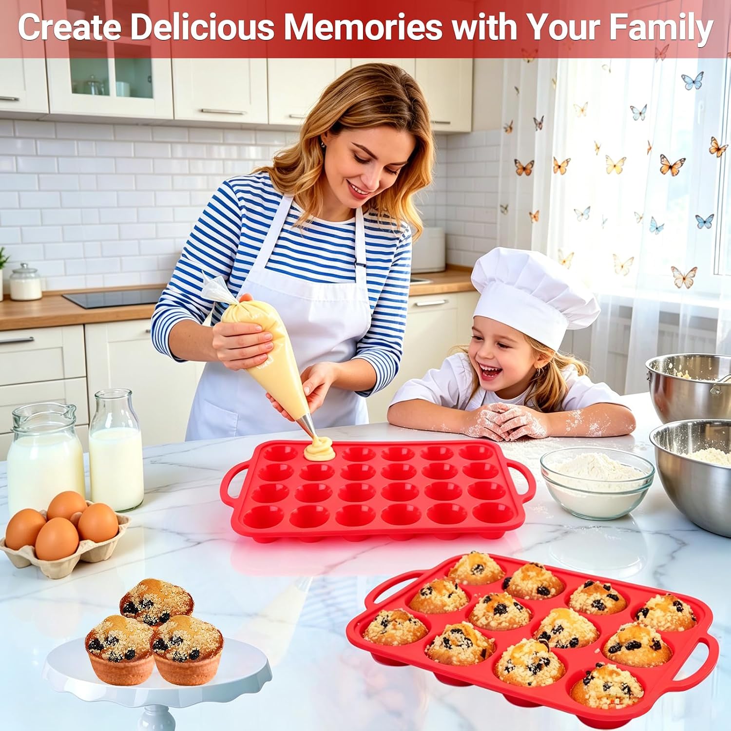 Redfly Silicone Muffin Pans for Baking 12 Cup with Metal Reinforced Frame, Nonstick 2Pack Regular Size Cupcake Pan, BPA Free Food Grade, Easy Release, Dishwasher Oven Freezer Safe for Egg Bite Molds