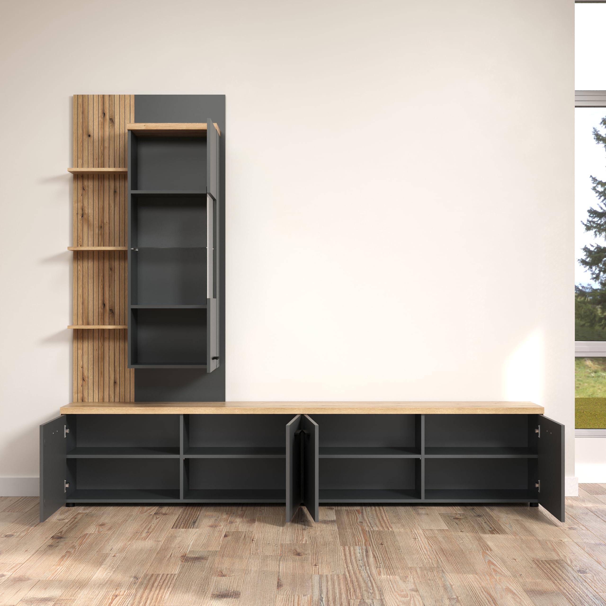 trendteam smart living Baggio Wohnwand Grau/Eiche Kombination aus Hängevitrine und 2 Lowboards (BxHxT) 240 x 212 x 40 cm für TV bis 65 Zoll