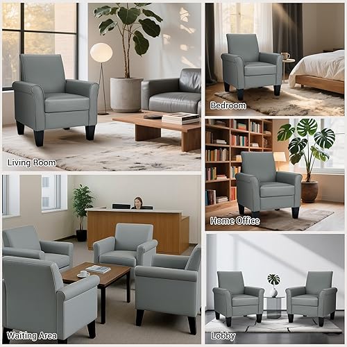 Miniatura 9 de Lohoms Silla decorativa moderna de mediados de siglo, sillas de cuero rellenas para sala de estar, silla de club cómoda tapizada, sillón de piel