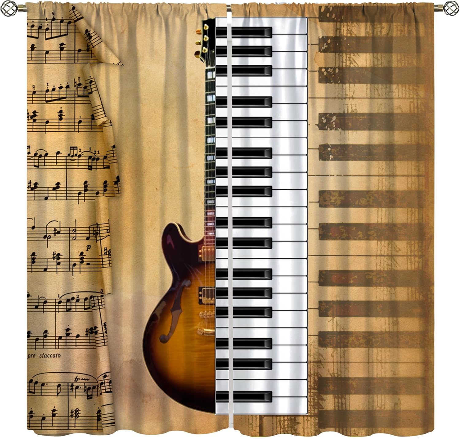 Music Curtains, Vintage Retro Guiter Musical Notes Abstract Pattern Window Treatments for Bedroom Living Room Nursery Kids Room Blackout Decorative Drapes 2 Panel Sets,84x84 Inch