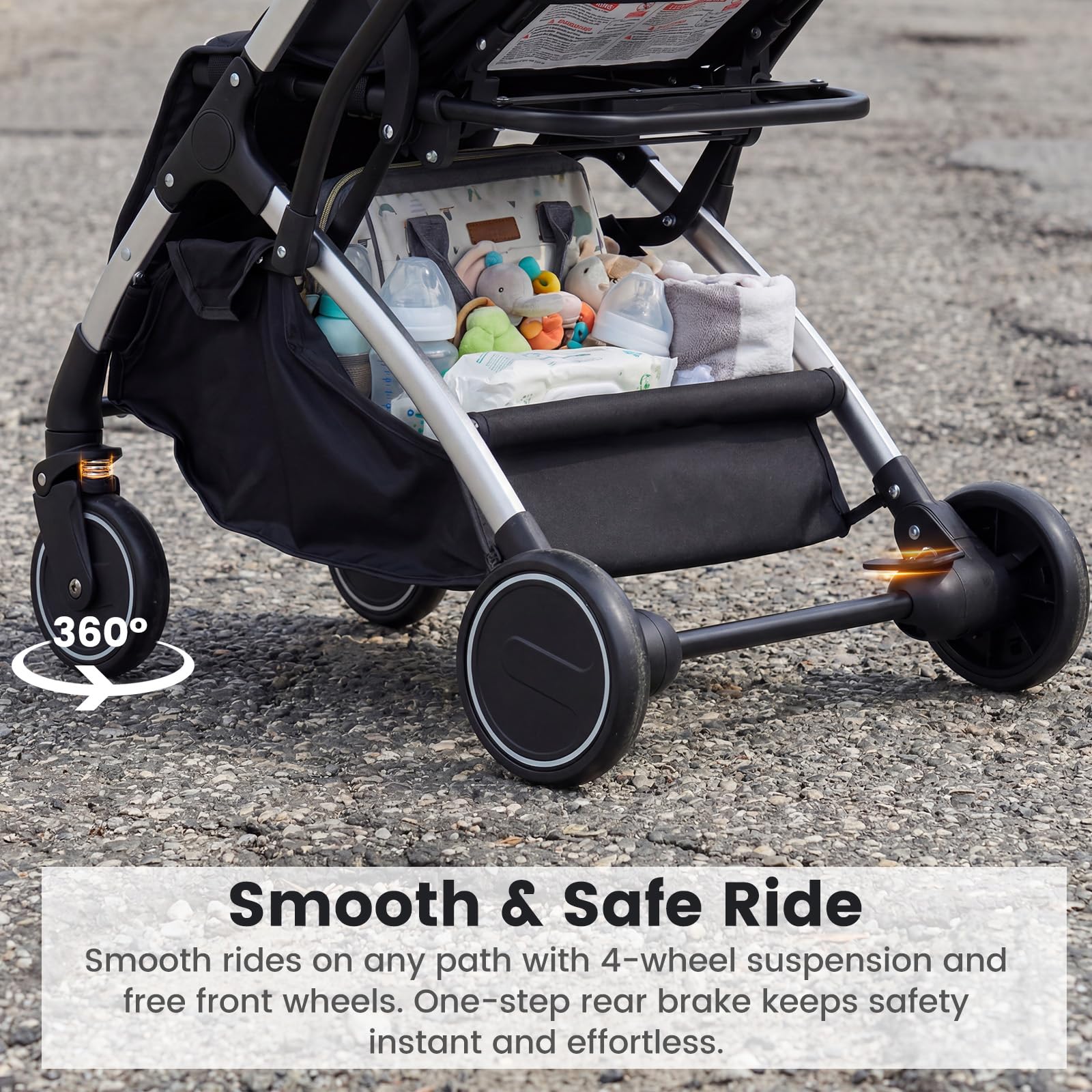 INFANS Travel Stroller, Lightweight Compact Baby Stroller for Airplane with One-Hand Fold, Multi-Position Recline, Canopy, 4 Wheel Suspension, Storage Basket (Grey+Silver) — view 8