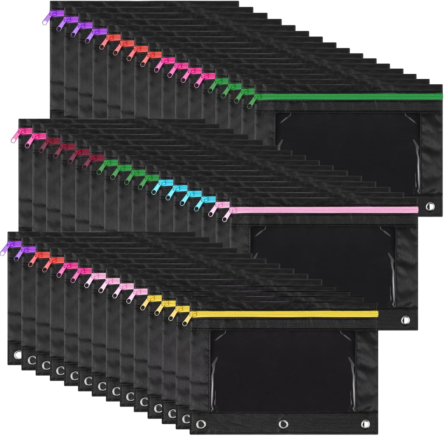 Leinuosen 64 Pcs Pencil Pouches Bulk 3 Ring Binder Pencil Case with Clear Window and Zipper Binder Pen Bag Stationery Pouch for Office School Classroom Supplies(Black Colorful)