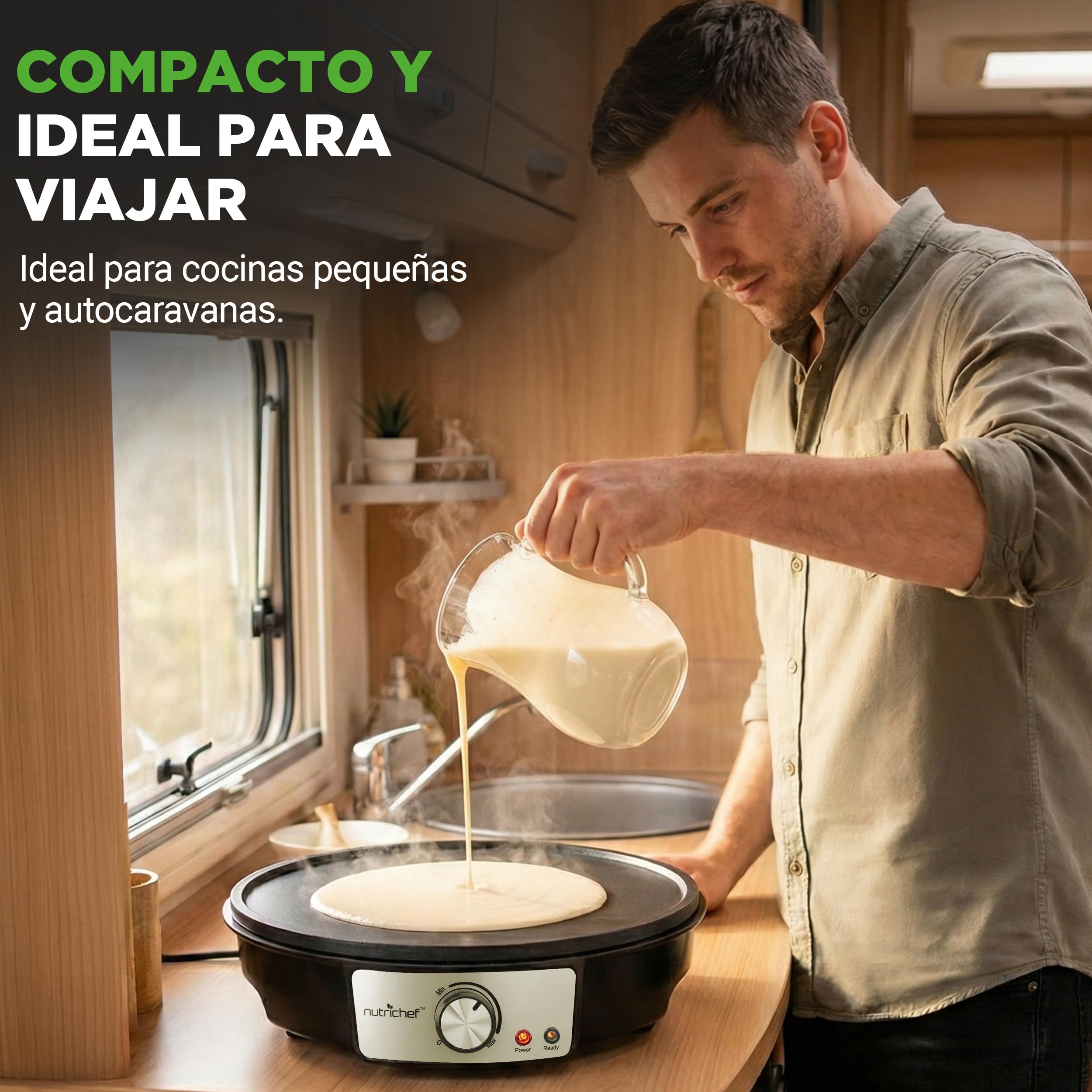 NutriChef crepera electrica, Plancha de cocina, Placa antiadherente, Luces indicadoras LED, Control de temperatura ajustable, Incluye espatula de madera y esparcidor de masa