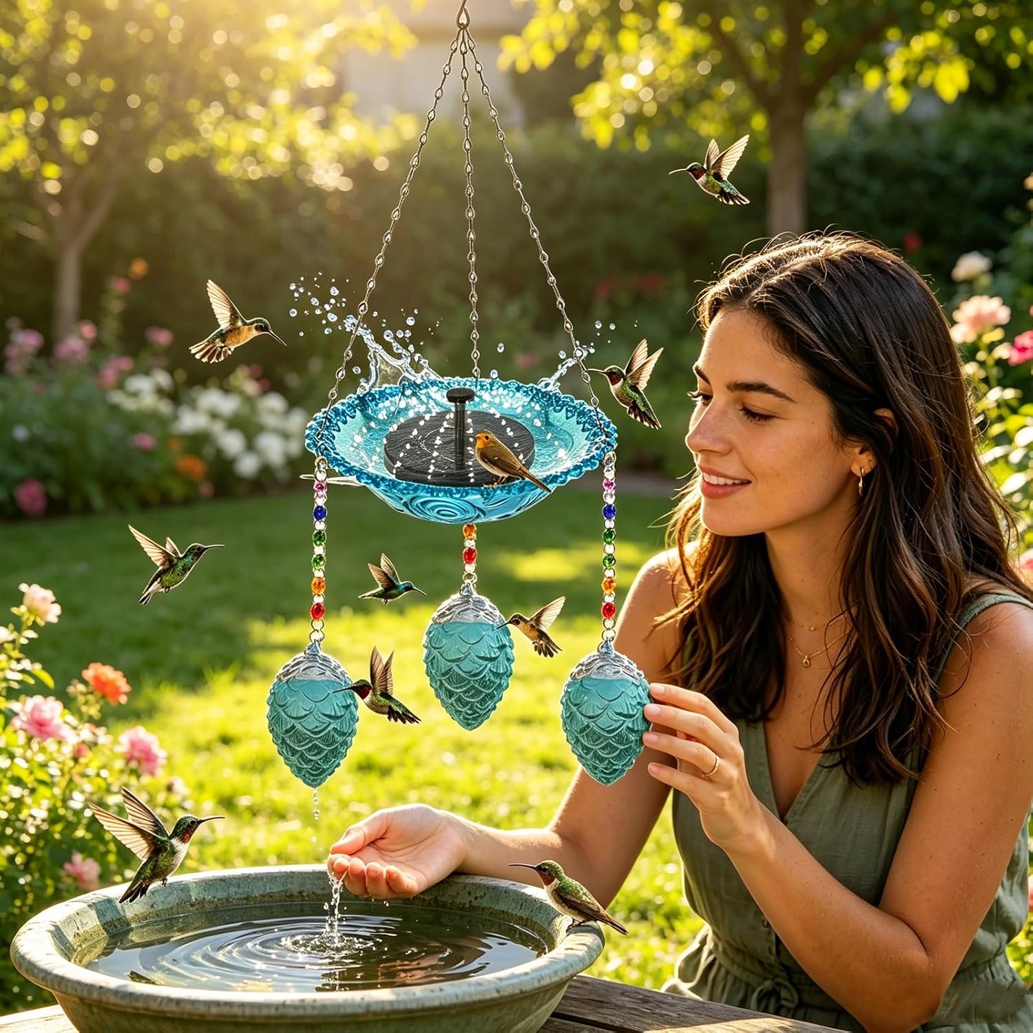 Solar Hanging Bird Bath Fountain, 3-in-1 Hummingbird Birdbath with 3 Feeder Balls, Outdoor Water Bowl for Garden Backyard Decor