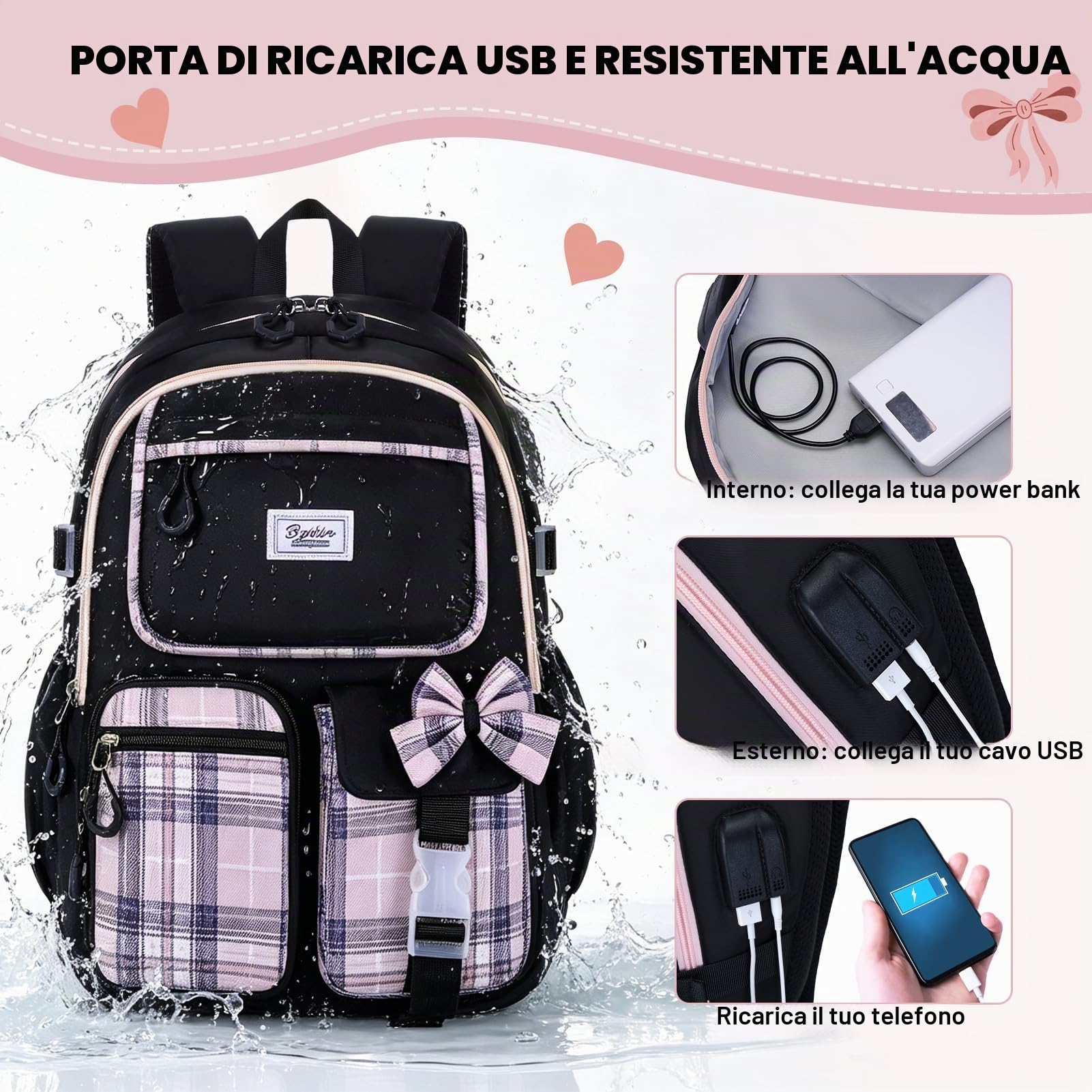 Zaino Scuola Bambina Elementare e Media Ragazza, 2PCS Zaini Grande Viaggio