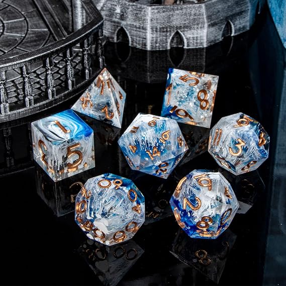 ARUOHHA Resin Sharp Edge Dice DND Dragons Dice Set Blue D and D Dice with Gift Box 7PCS Dungeons Polyhedral Dice Set Role Playing Games D20 D12 D10 D8 D6 D4