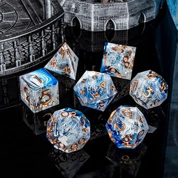 ARUOHHA Resin Sharp Edge Dice DND Dragons Dice Set Blue D and D Dice with Gift Box 7PCS Dungeons Polyhedral Dice Set Role Playing Games D20 D12 D10 D8 D6 D4