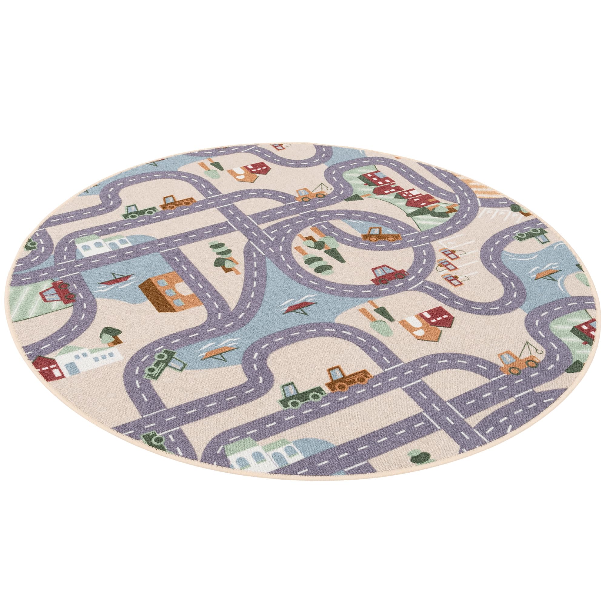 Snapstyle Fun Town Beige Kinder Straßenteppich Rund – Spielteppich Kinderzimmer Straßen Design, pflegeleicht