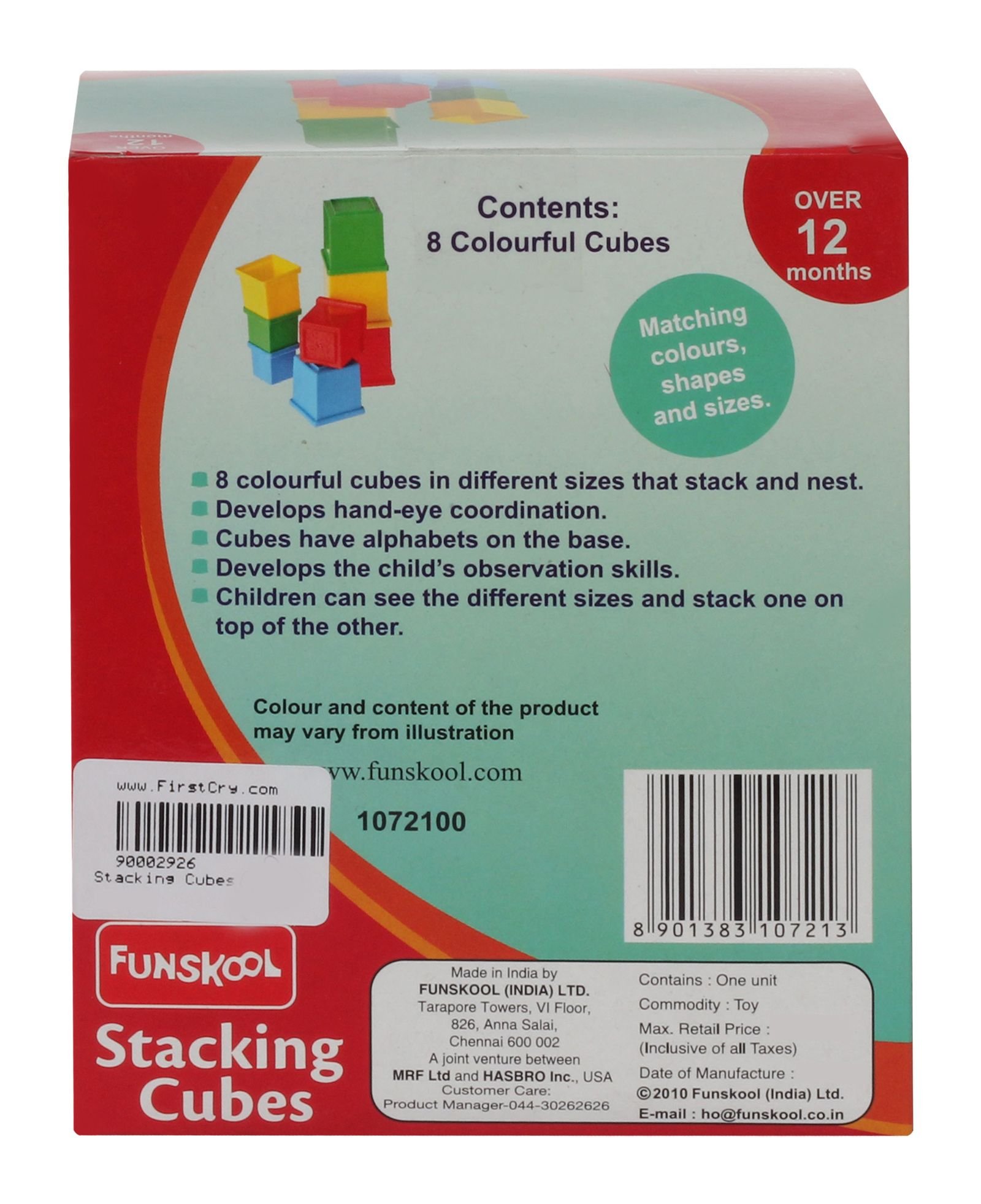 Funskool Giggles, Stacking Cubes , Multicolour stacking Blocks with Alphabet, Helps to Sort,Stack and Nest, 12 months & above, Infant and Preschool Toys - Image 3 thumbnail