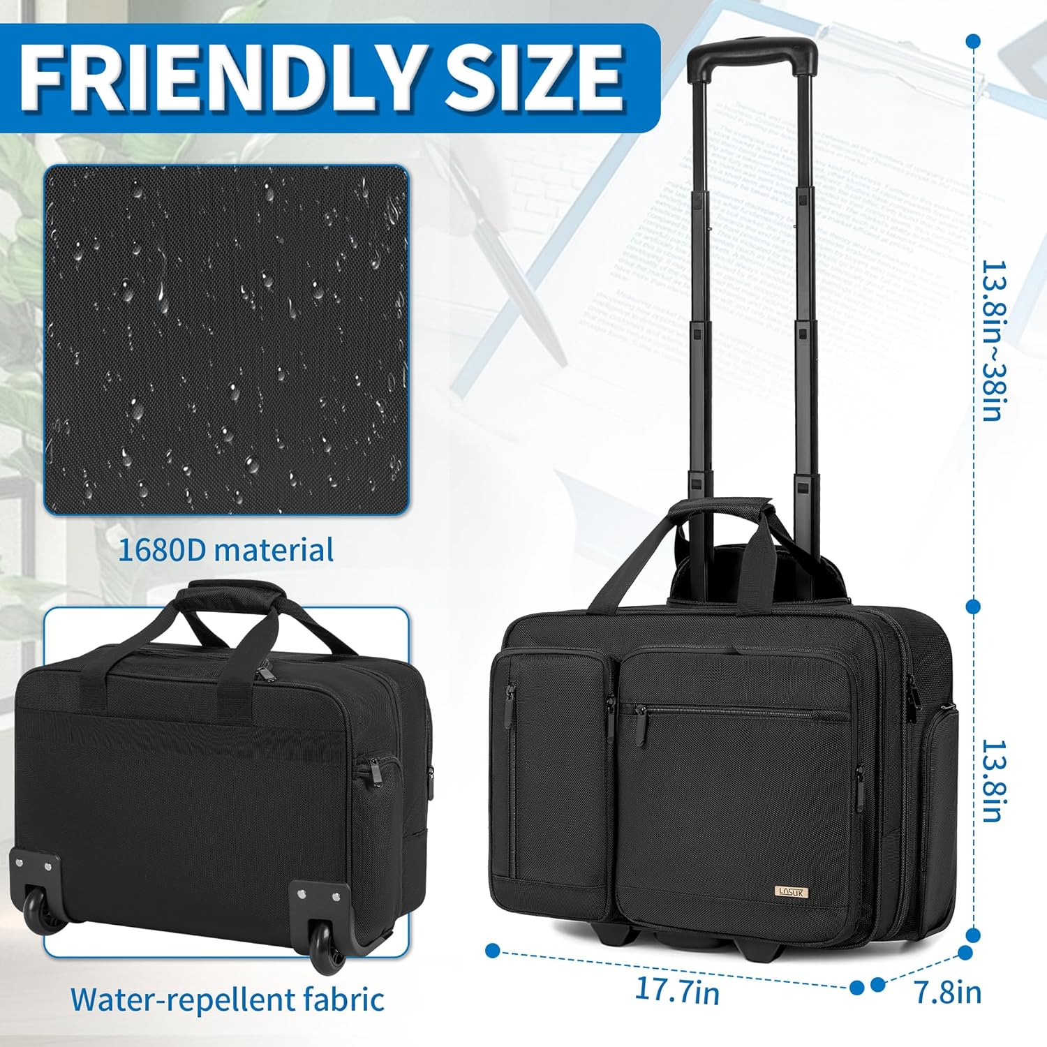 Rolling Laptop Bag, Wheeled Briefcase 17.3 inch Rolling Briefcase, Overnight Roller Bag, Repellent Travel Roller Underseat Bag - Image 2