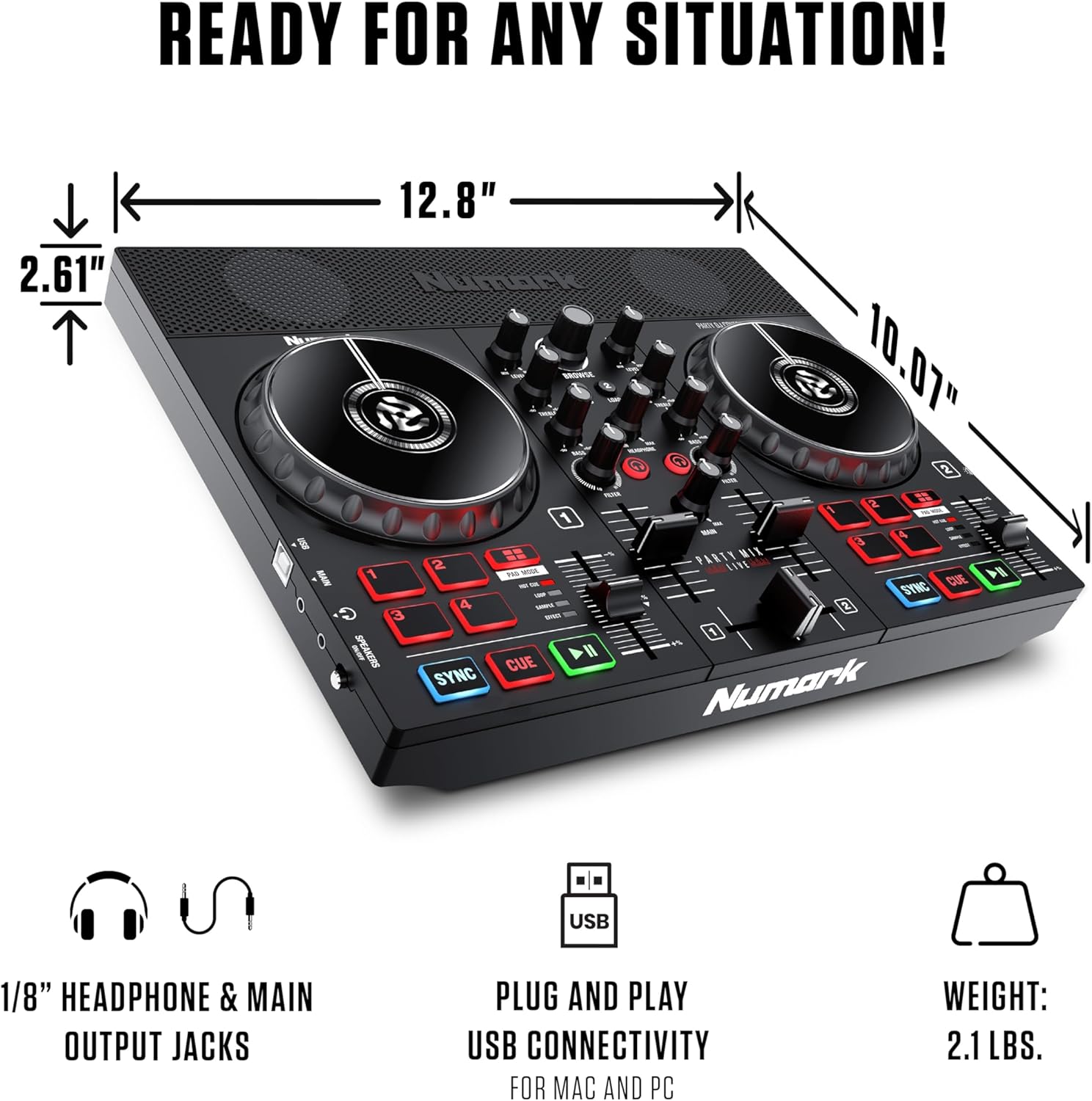 Numark Party Mix Live connectivity and dimensions